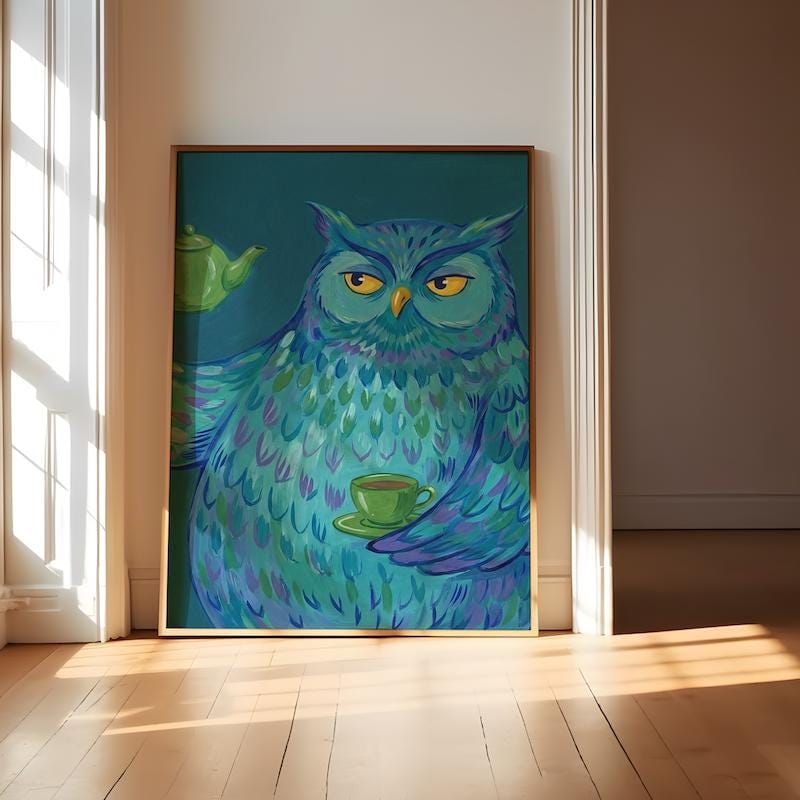 Funny Blue Owl Art Print: Whimsical Tea Time Kitchen Decor