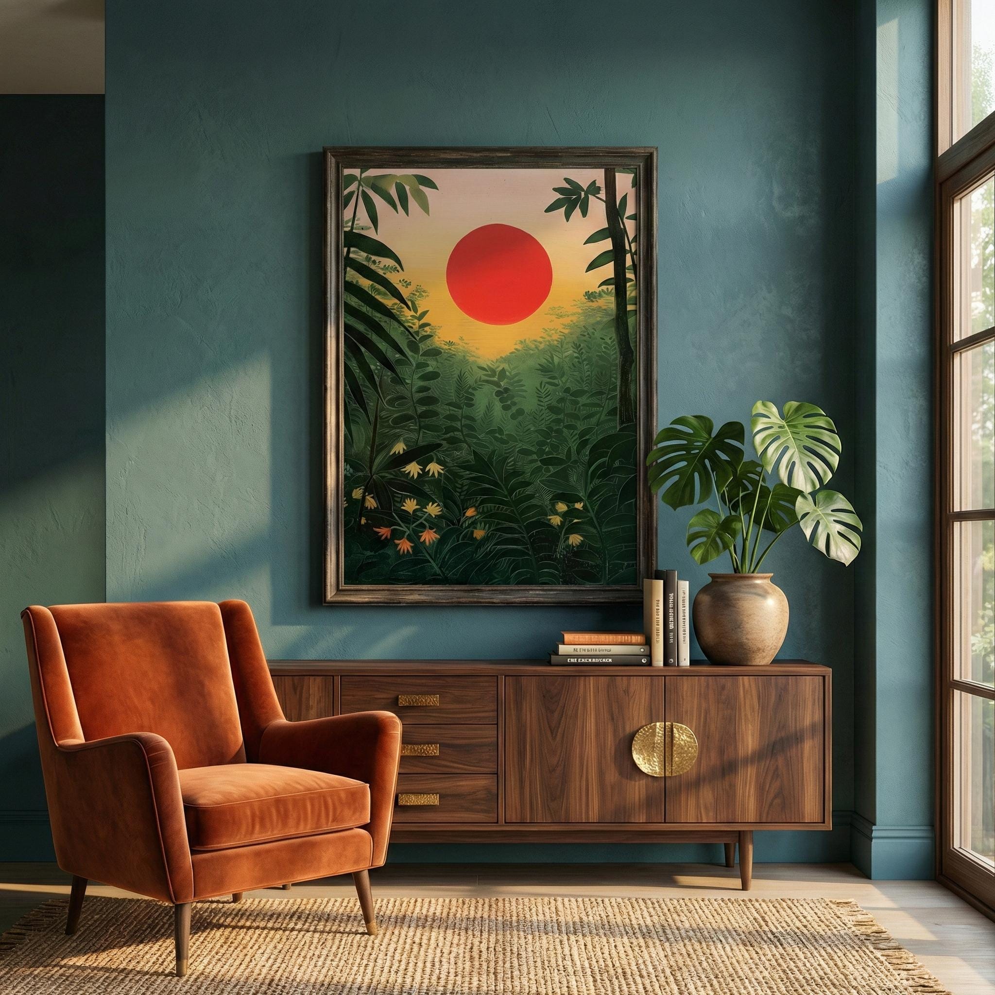 Tropical Forest Print: Red Sun Sunrise Landscape (Canvas or Framed)