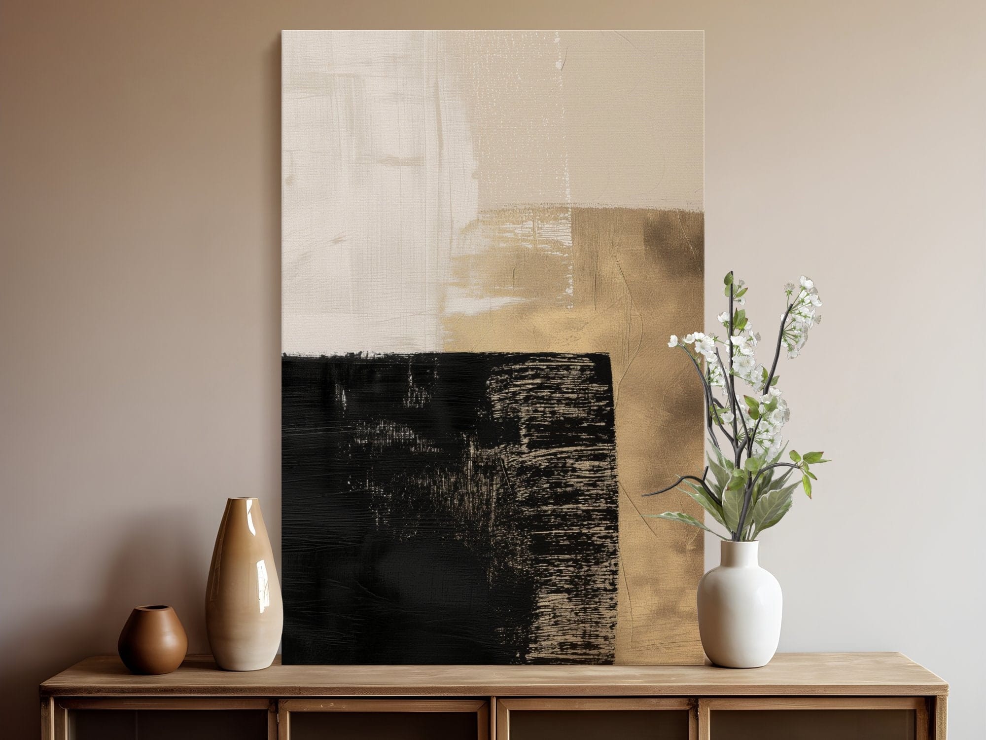 Abstract Canvas Art: Black, Gold, and Beige - Minimalist Decor