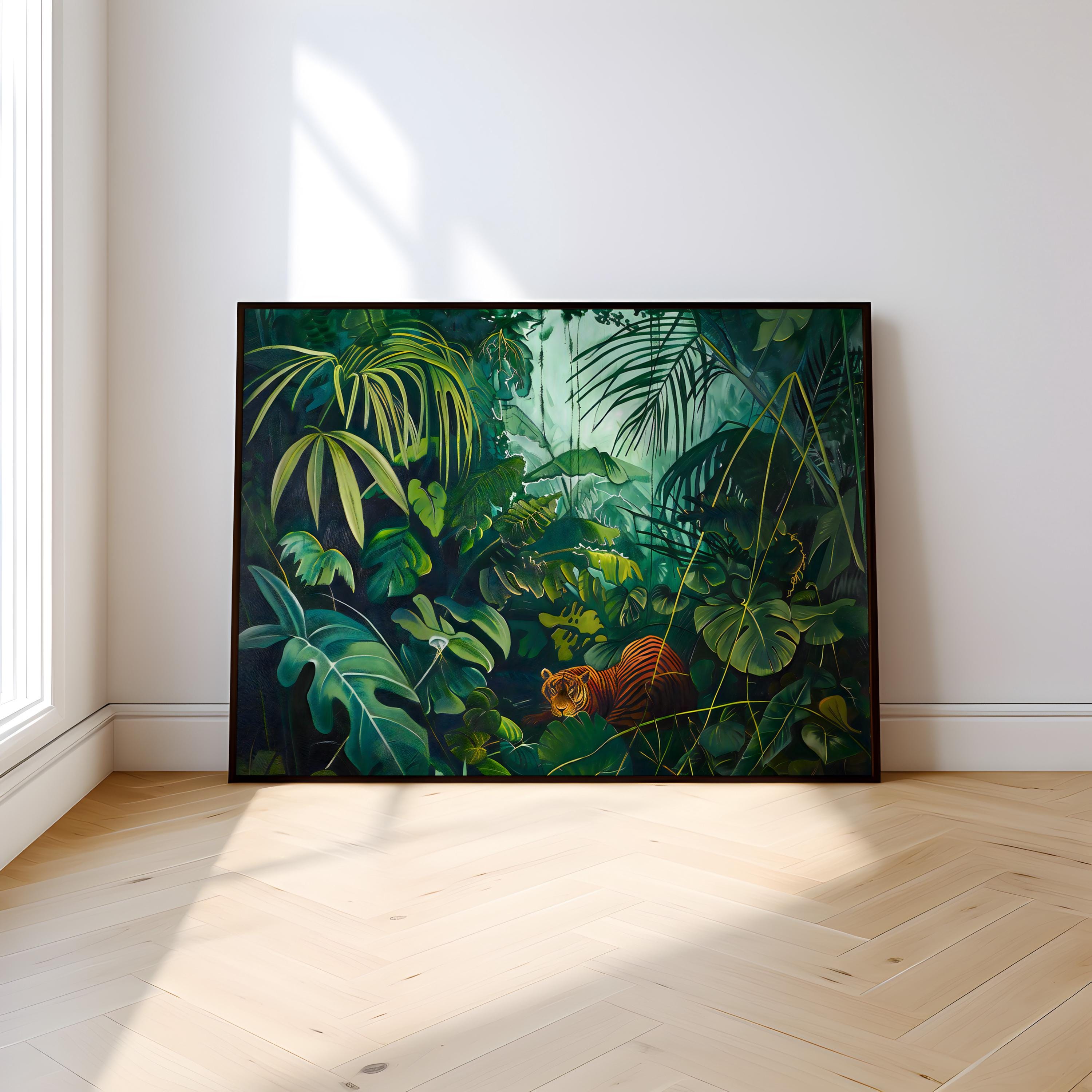 Jungle Serenity: Majestic Tiger Resting in Tropical Art | Green Wildlife Decor