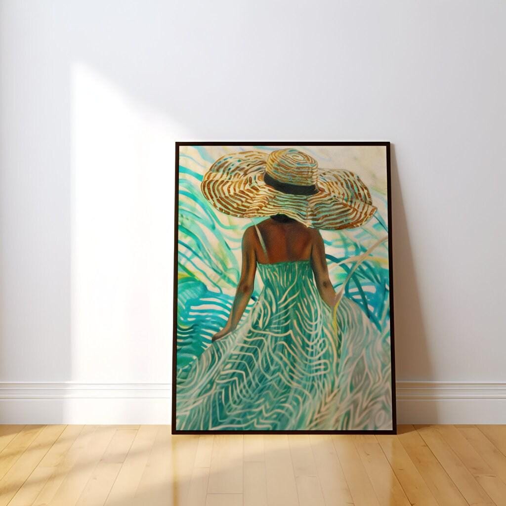 The Dreamer's Path: Surreal Woman in Hat in a Swirling Tropical Landscape | Vibrant & Abstract Wall Art