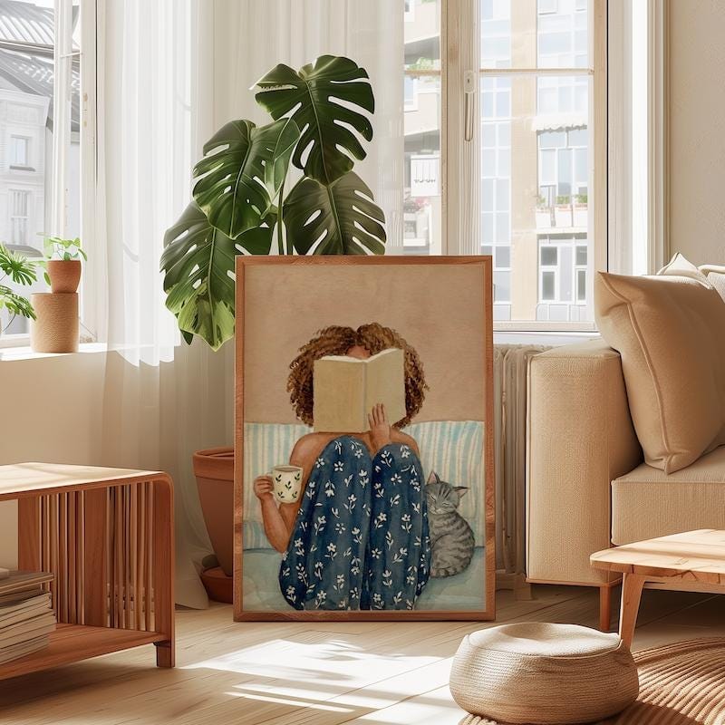 Reading Wall Art: Black Woman with Cat, Cozy Watercolor (Print or Canvas)