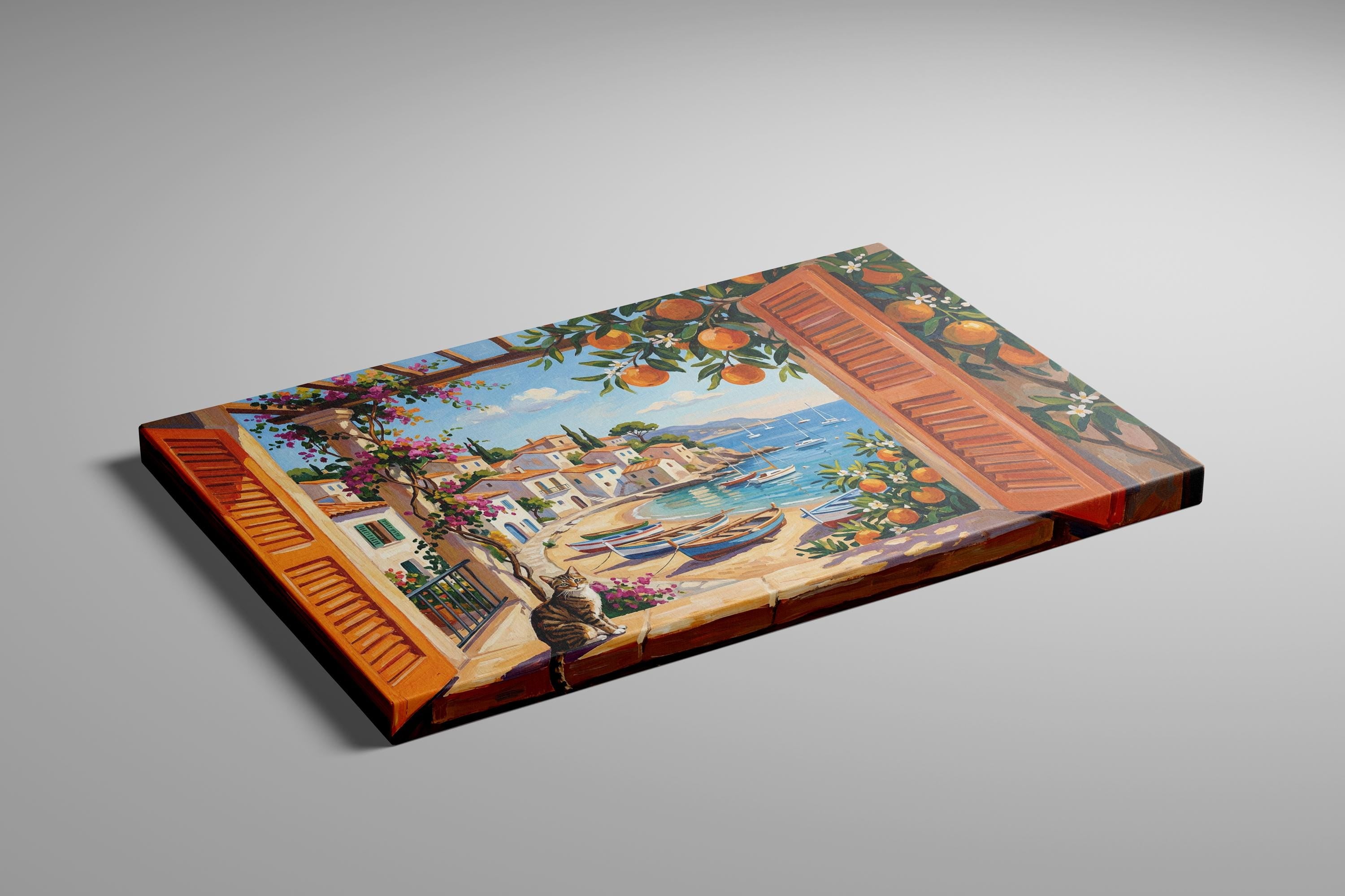 Italian Coastal Wall Art: Mediterranean View with Cat - Vibrant Colors