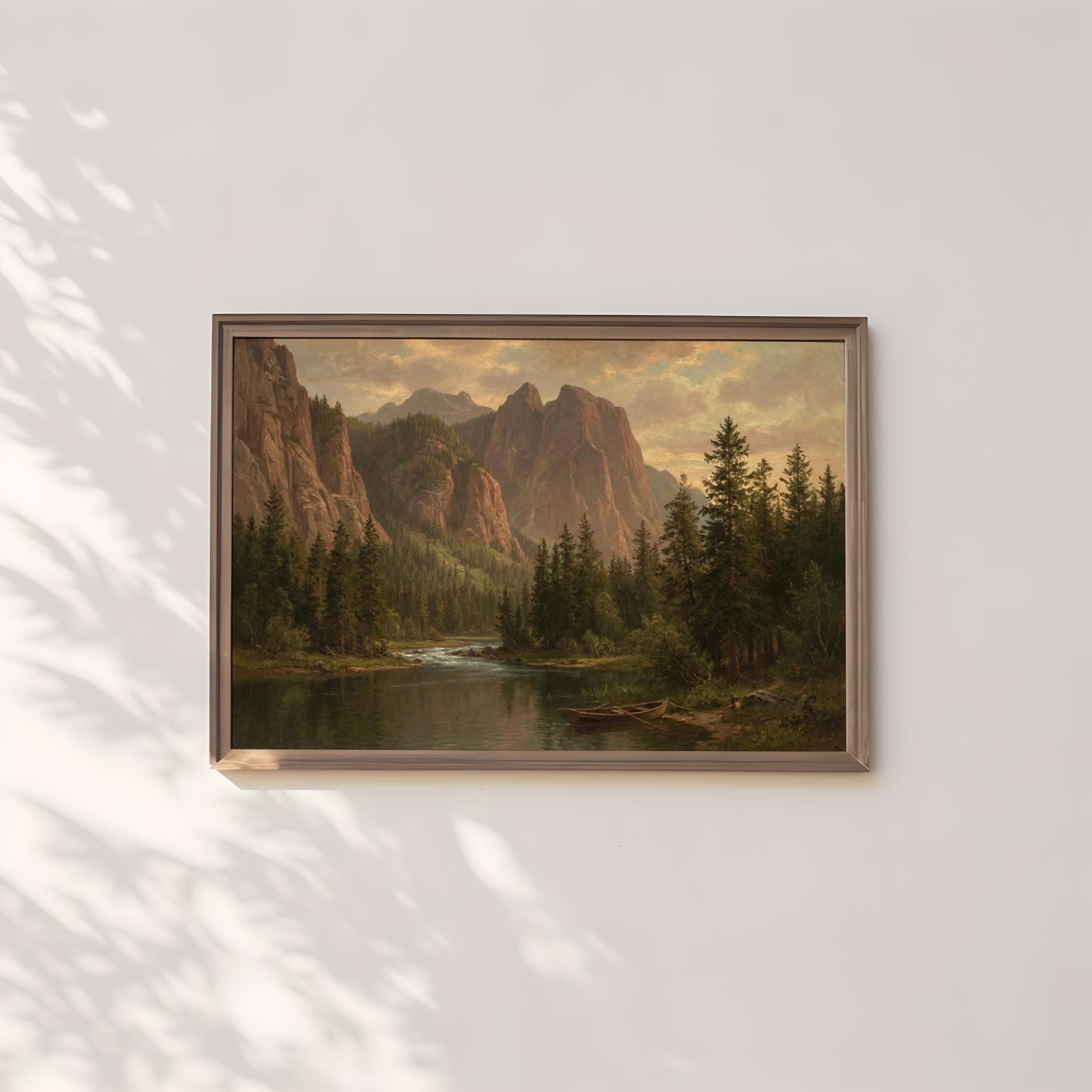 Vintage Mountain Lake Art: Rustic Cabin Landscape in Warm Earth Tones