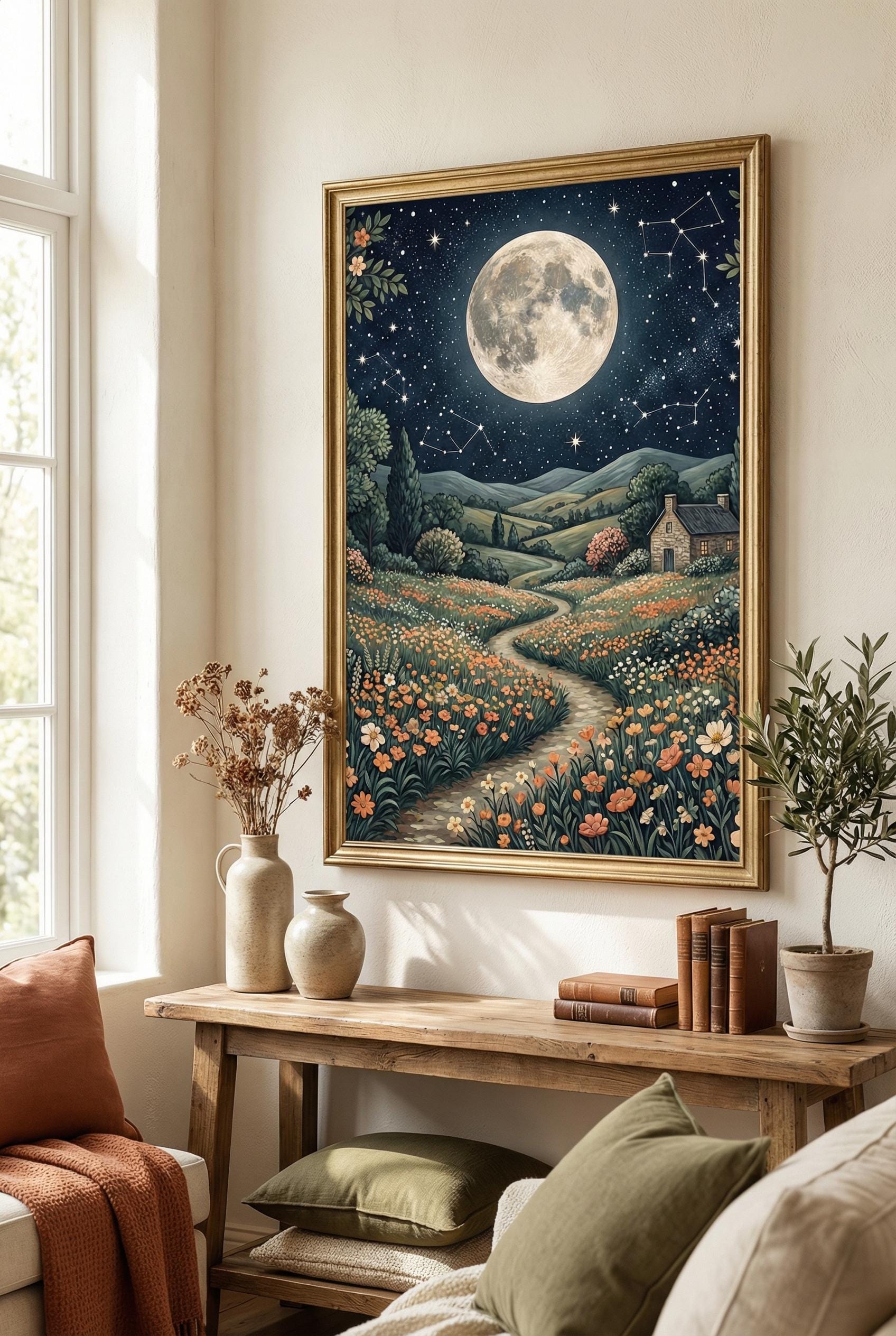 Moon and Flower Trail Art Print (Matte, Canvas, Framed Choices)