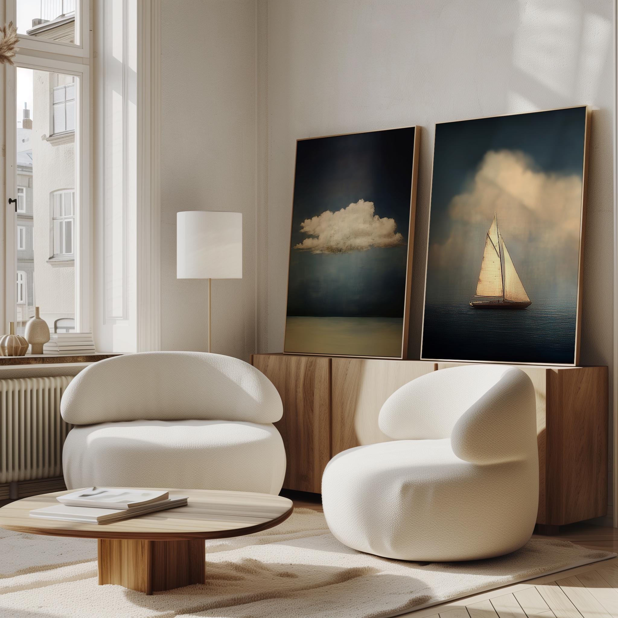 Nautical Minimalist Prints: Sailboat & Cloud Artwork (Set of 2)