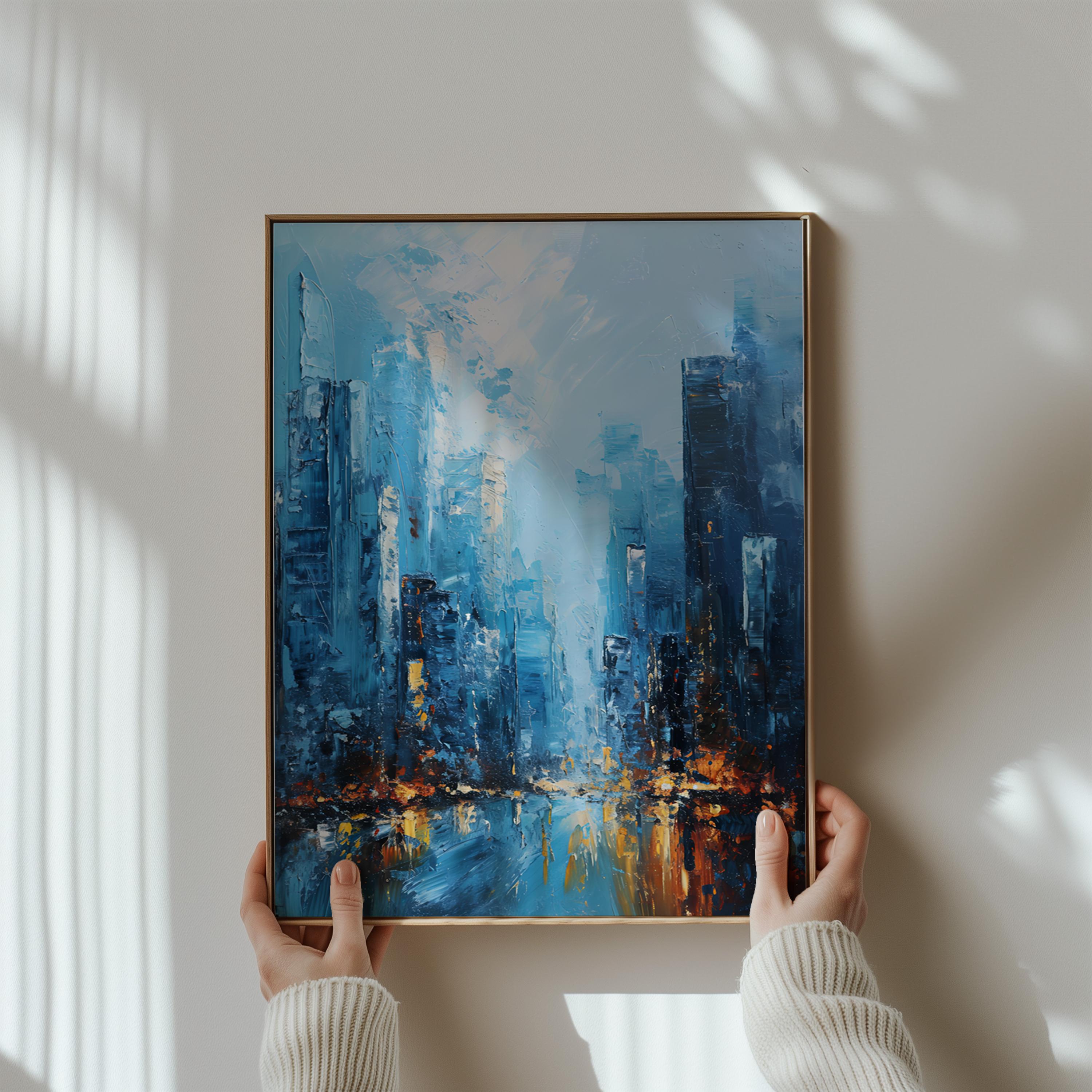 City of Memory: Abstract Impressionist Cityscape | Blue & Gold Urban Wall Art