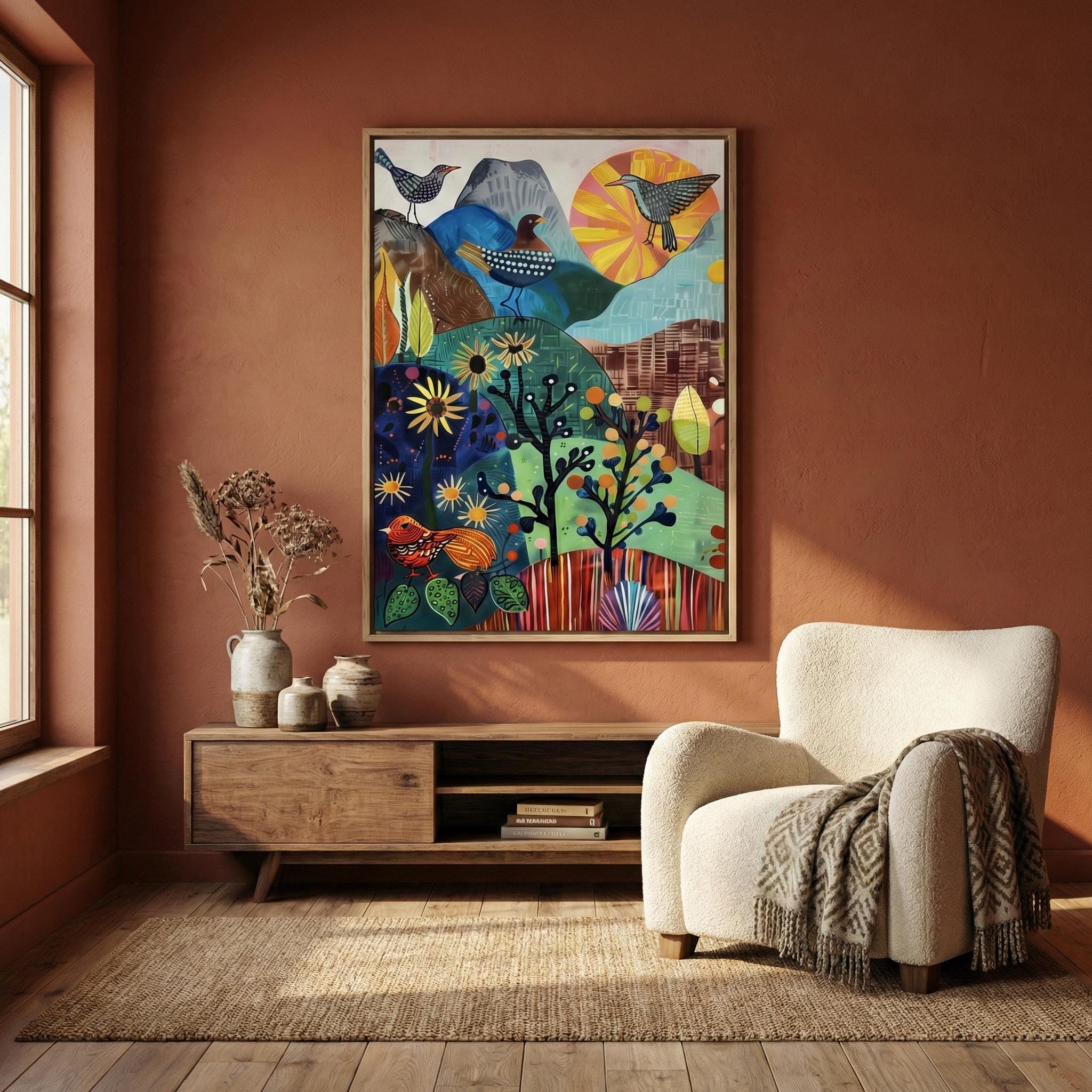 Little Green Valley Wall Art: Serene Birds and Mountain Landscape