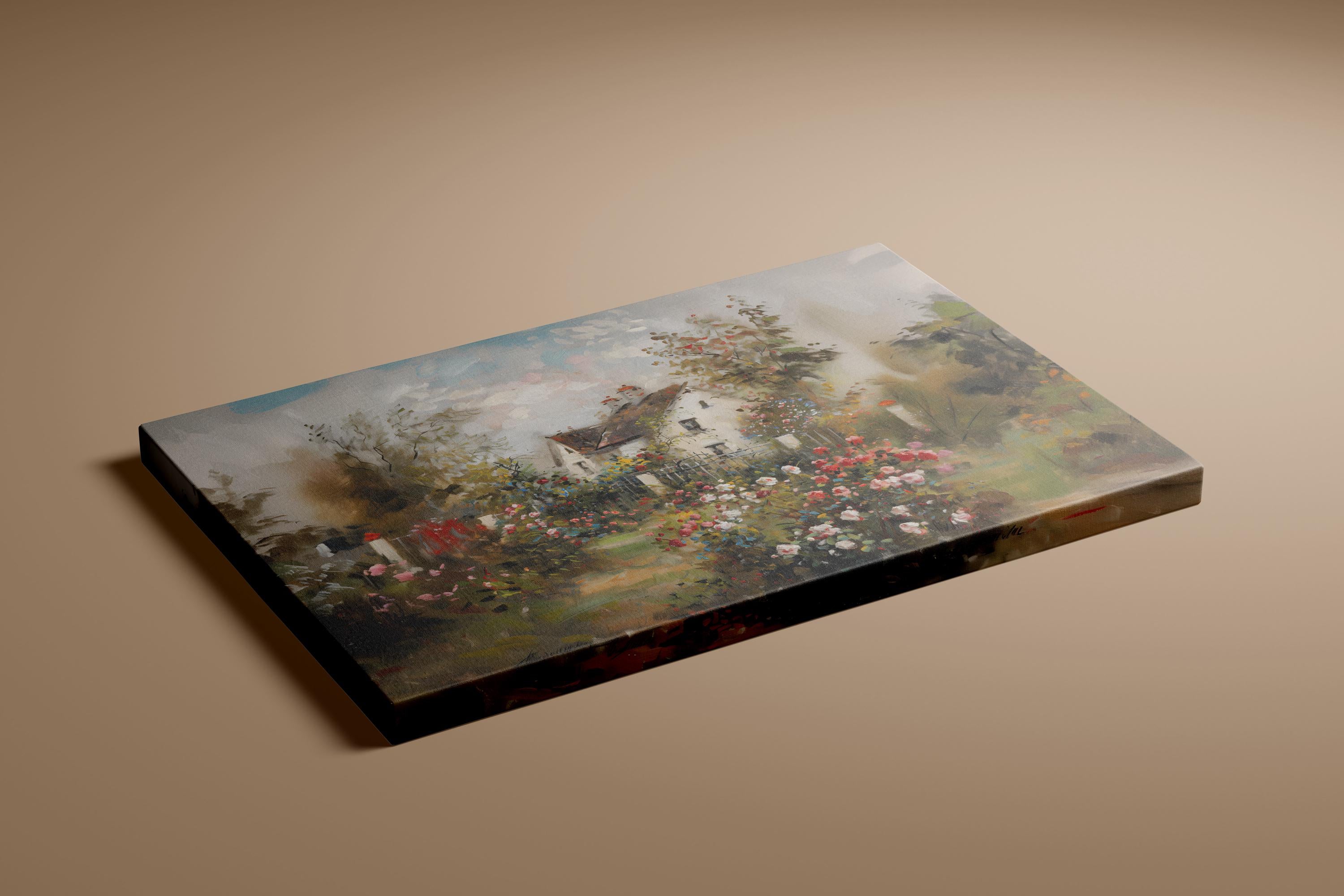 Vintage Cottage Rose Garden Art Print | Nostalgic & Tranquil Floral Wall Decor