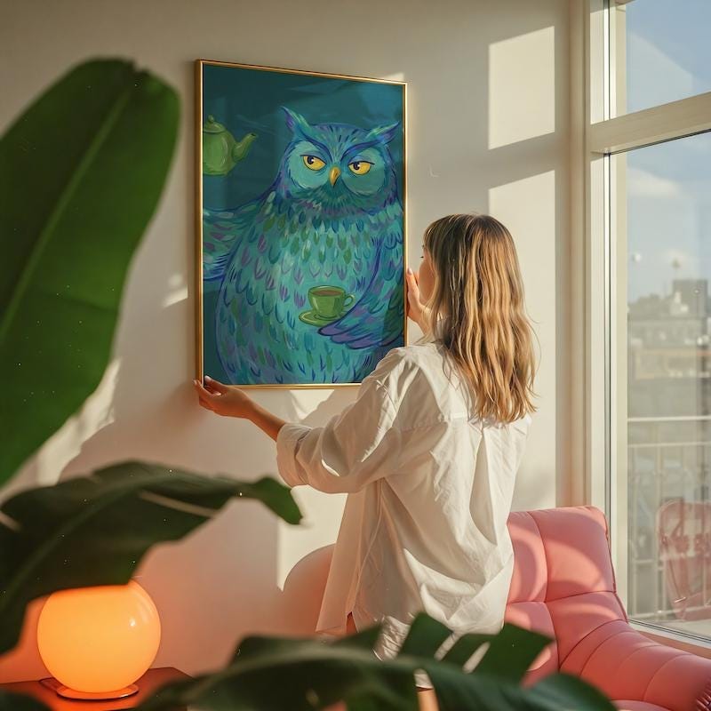 Funny Blue Owl Art Print: Whimsical Tea Time Kitchen Decor
