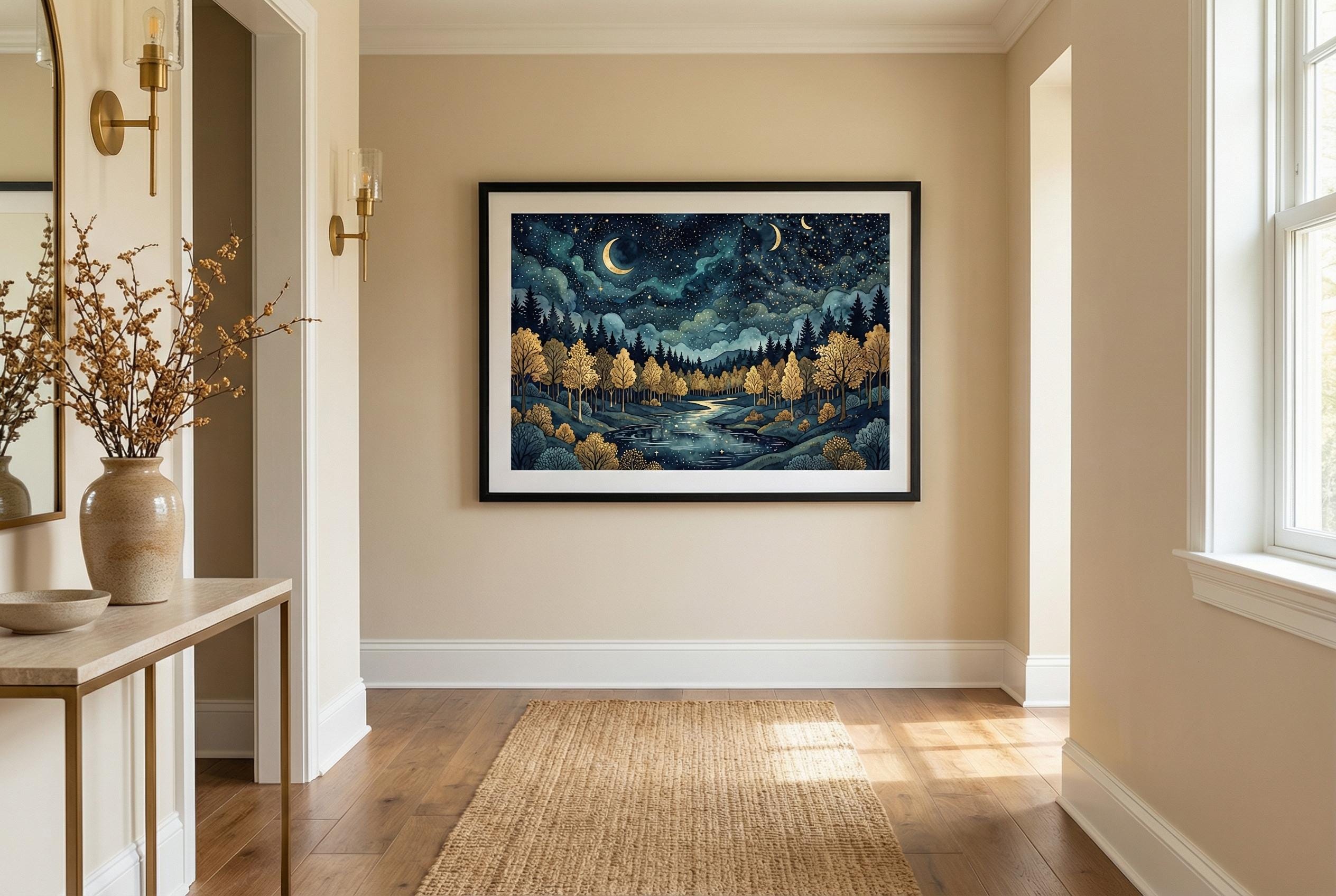 Wall Art Print: Golden Moon and Stars - Blue Abstract Design