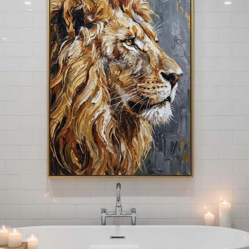 a large painting of a lion's head above a white bathtub in a bathroom setting.