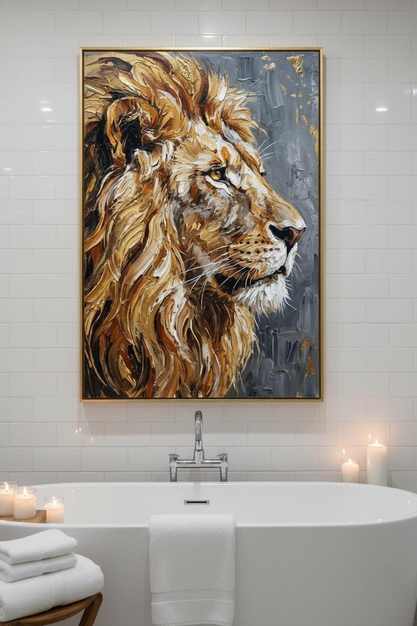 a large painting of a lion's head above a white bathtub in a bathroom setting.