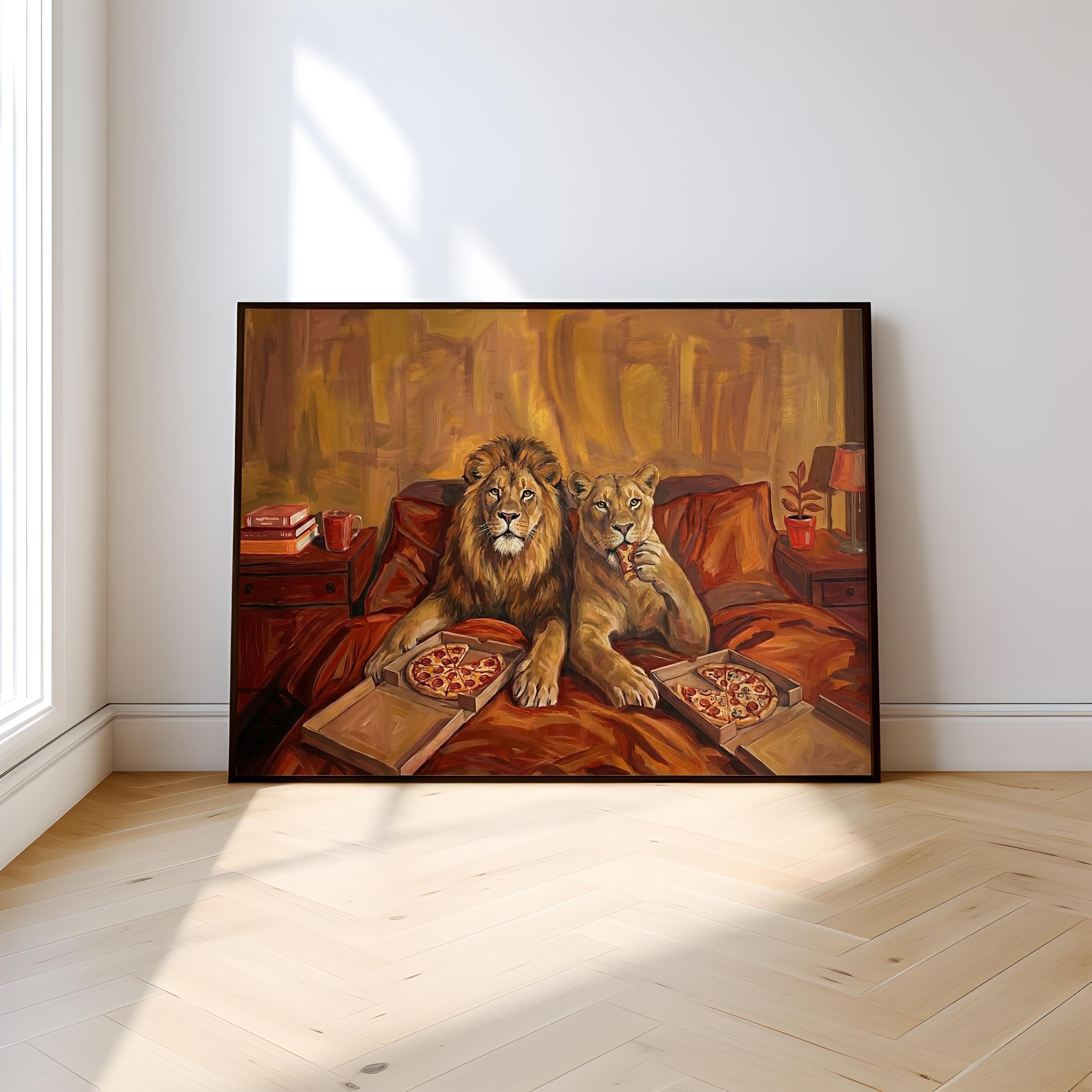 Lion Couple Wall Art: Cozy Surreal Pizza Date - Warm Tones