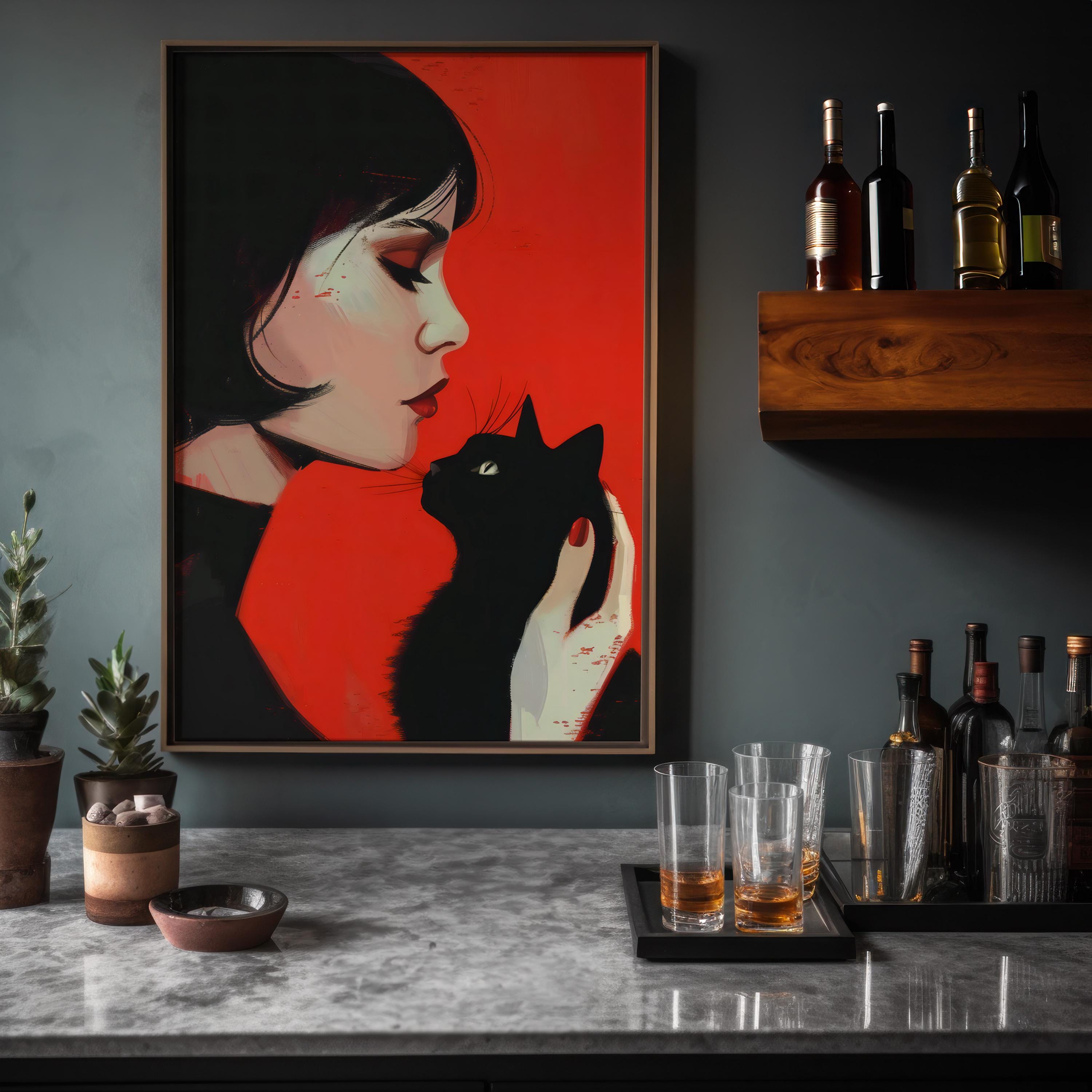 The Familiar: Woman and Black Cat Portrait | Moody, Modern & Evocative Wall Art