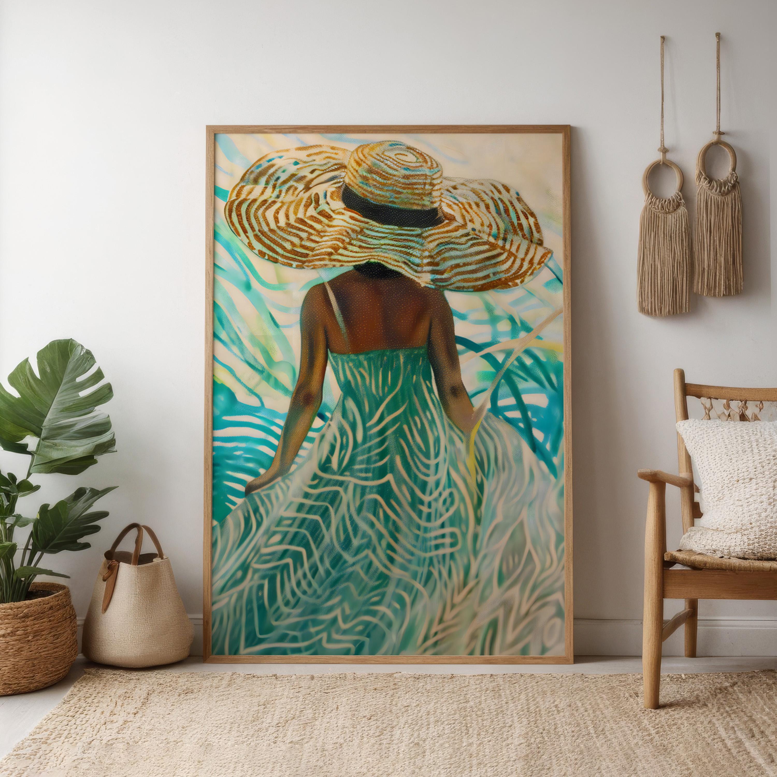 The Dreamer's Path: Surreal Woman in Hat in a Swirling Tropical Landscape | Vibrant & Abstract Wall Art