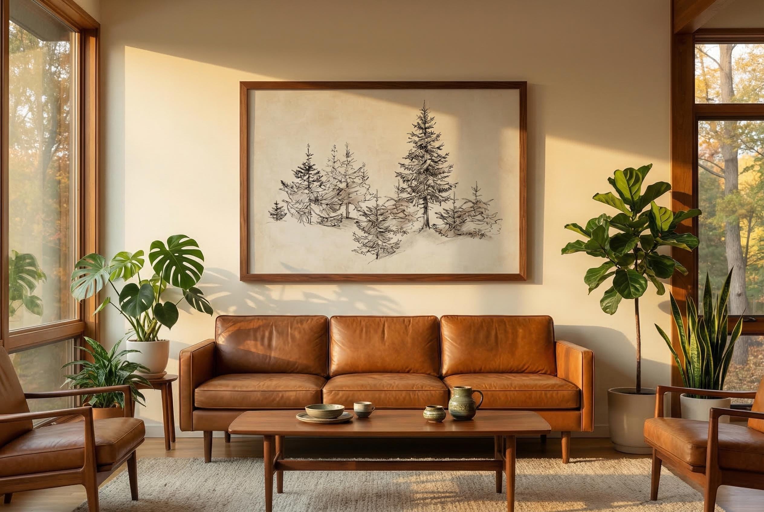 Vintage Pine Tree Sketch Art, Winter Woodland Drawing, Rustic Cabin Decor, Evergreen Forest Print