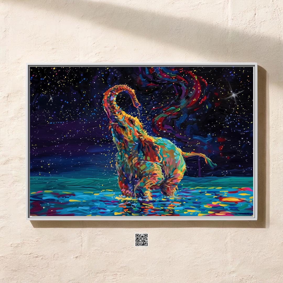 Cosmic Elephant: Fantastical Blue & Colorful Animal Art | Surreal Space Wall Decor