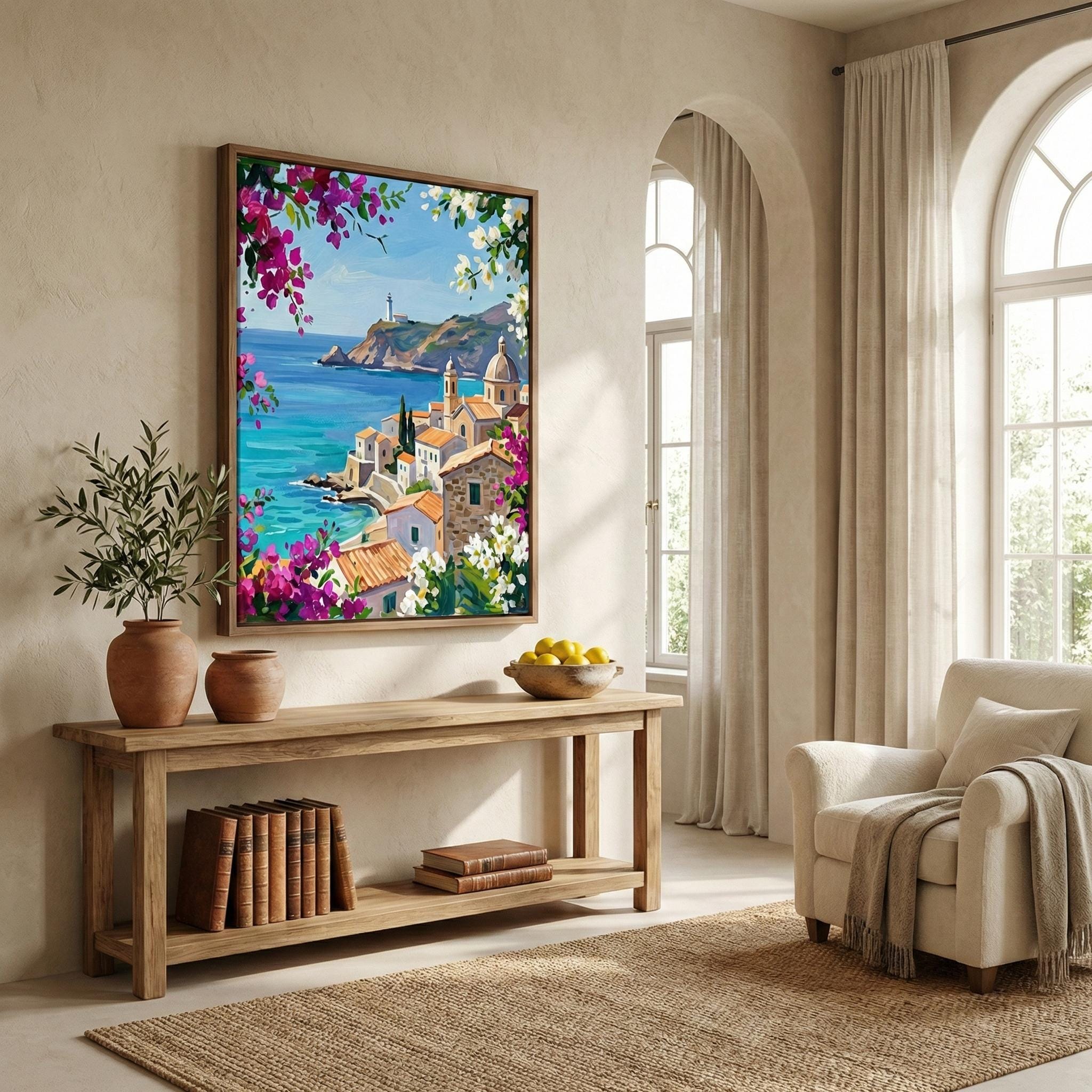 Mediterranean Coastal Art: Blue Shutters and Sea View (Canvas or Paper)