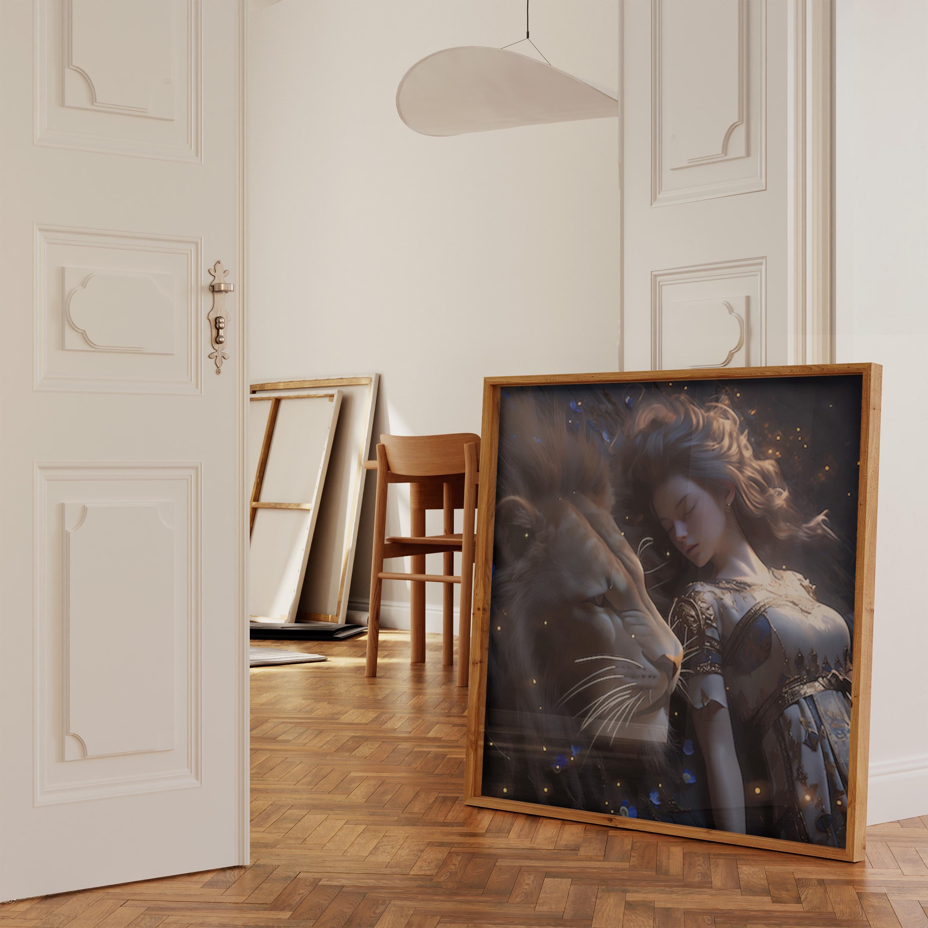 The Moonlit Guardian: Surreal Lion and Woman Art | Mystical & Serene Dreamscape Decor