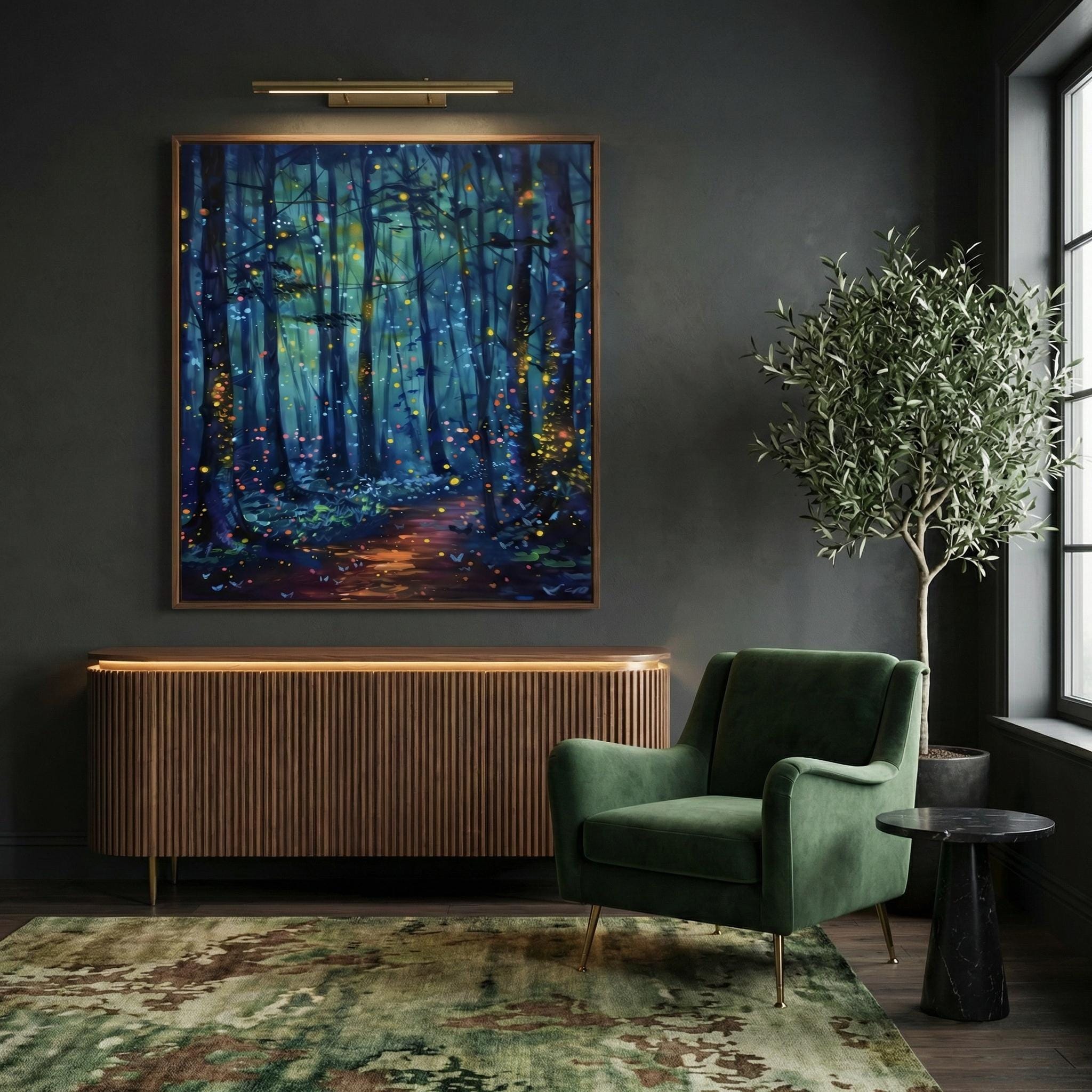 Enchanted Forest Wall Art: Glowing Fireflies, Night Path