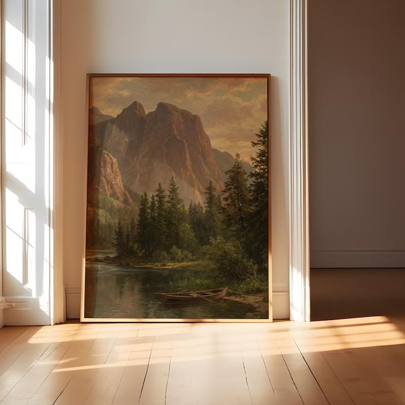 Vintage Mountain Lake Art: Rustic Cabin Landscape in Warm Earth Tones