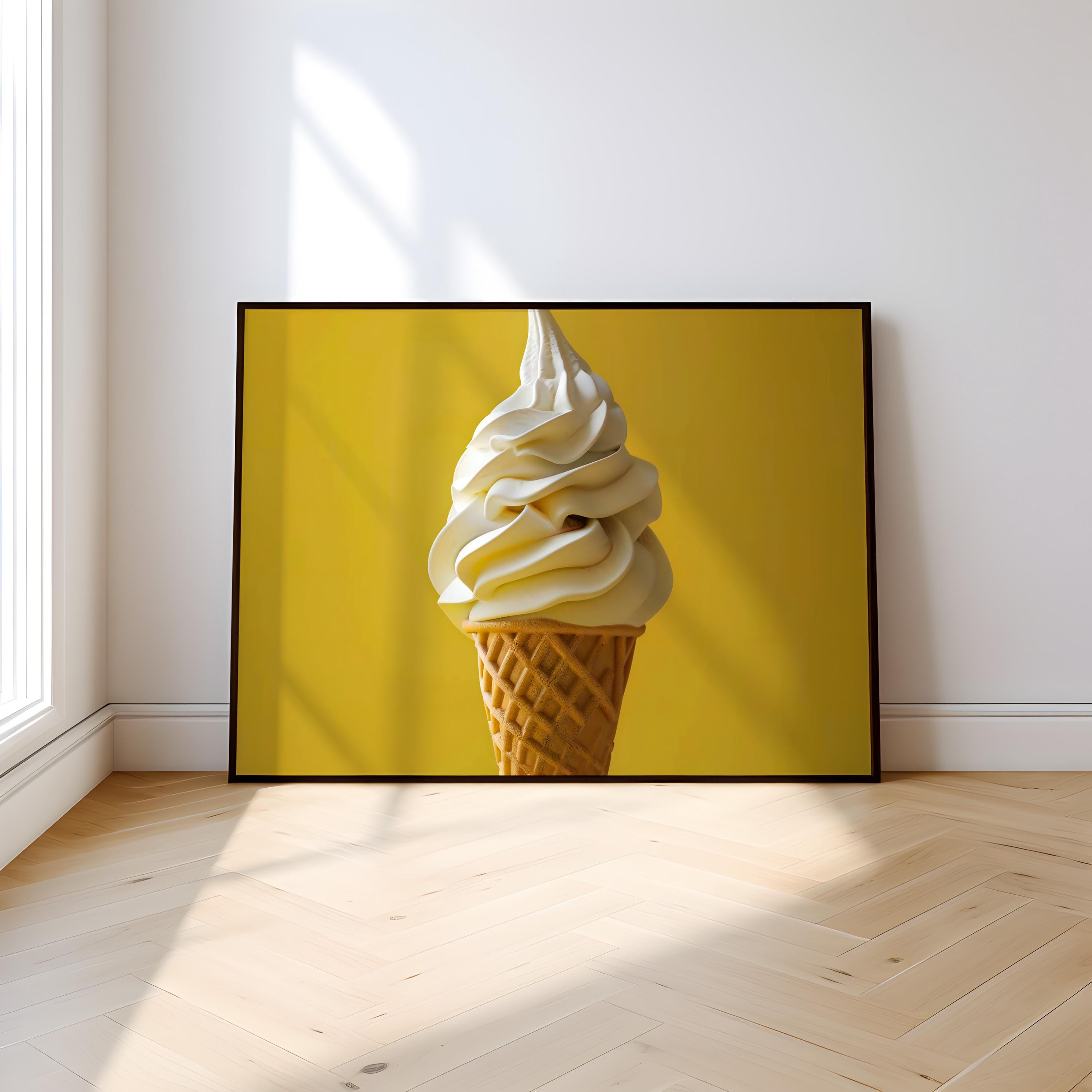 Summer Bliss: Minimalist Soft-Serve Ice Cream Cone Art | Vibrant Yellow Pop Art Print