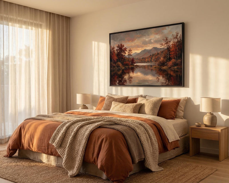 Vintage Autumn Lake Painting Moody Fall Landscape Art Rustic Mountain Decor Framed Canvas Print