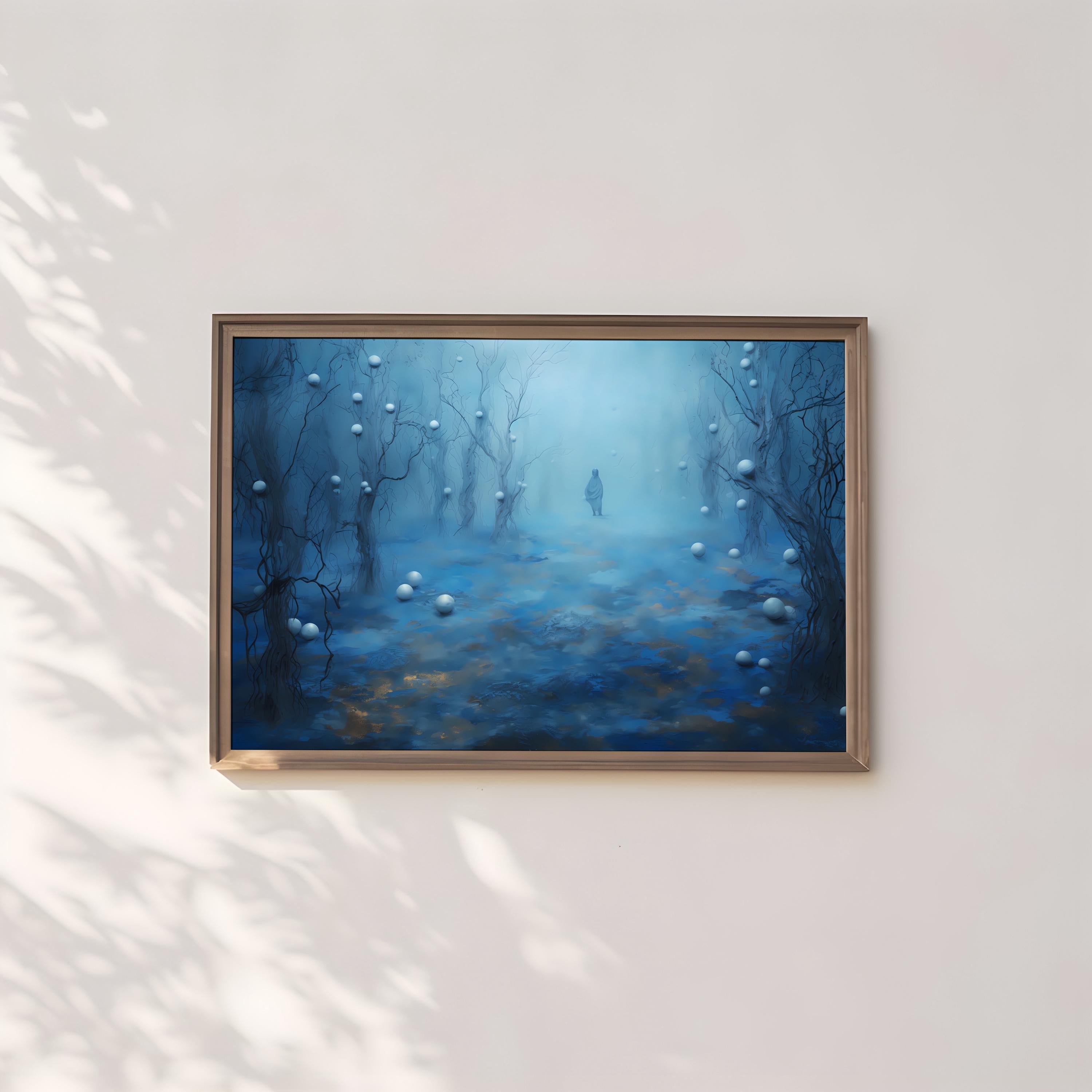 Mystical Forest Path Art Print | Framed Impressionist Blue & Gold Wall Decor