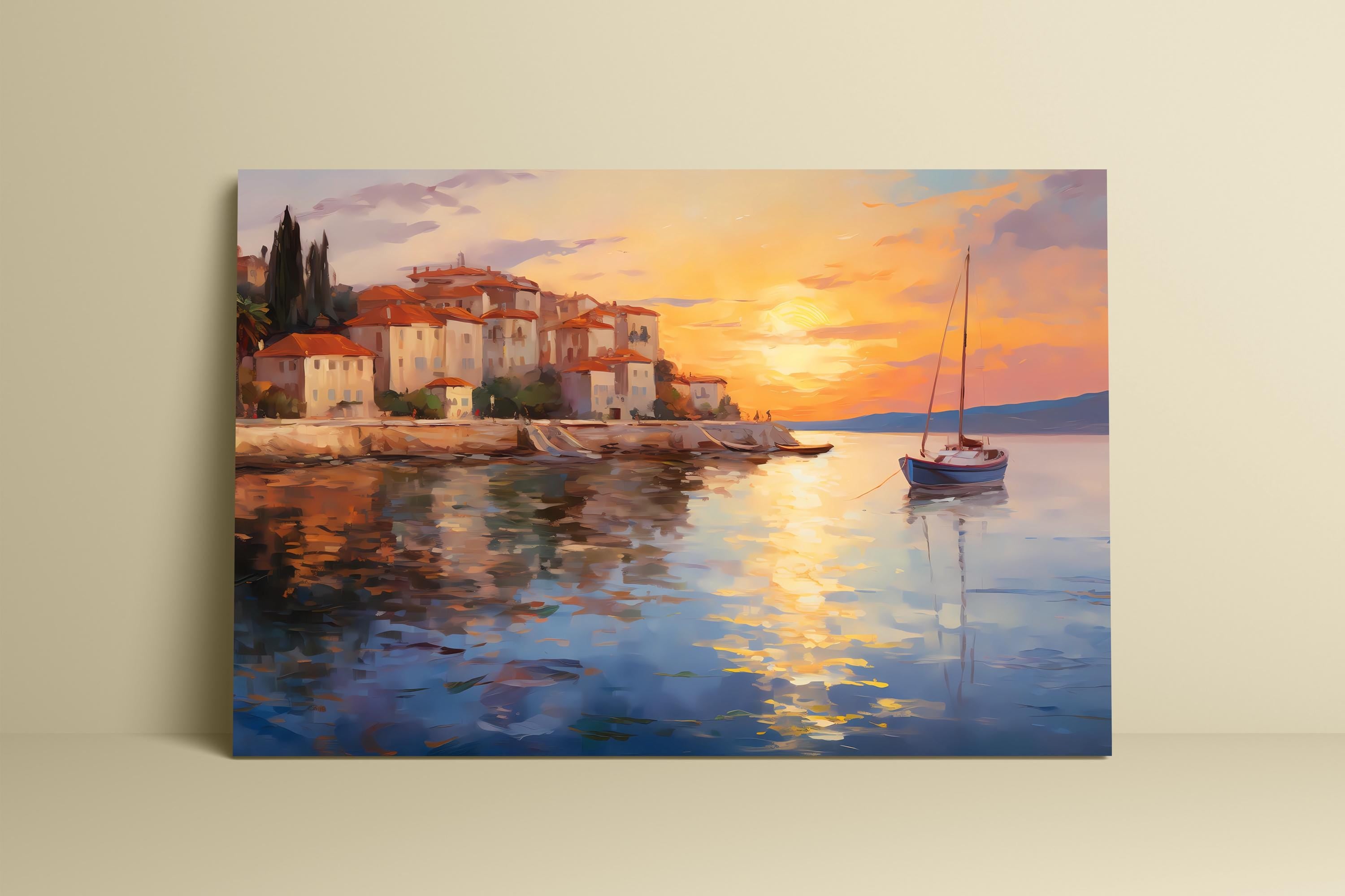 Sunset Harbor: Impressionist Italian Seaside Village Art | Vibrant Mediterranean Decor