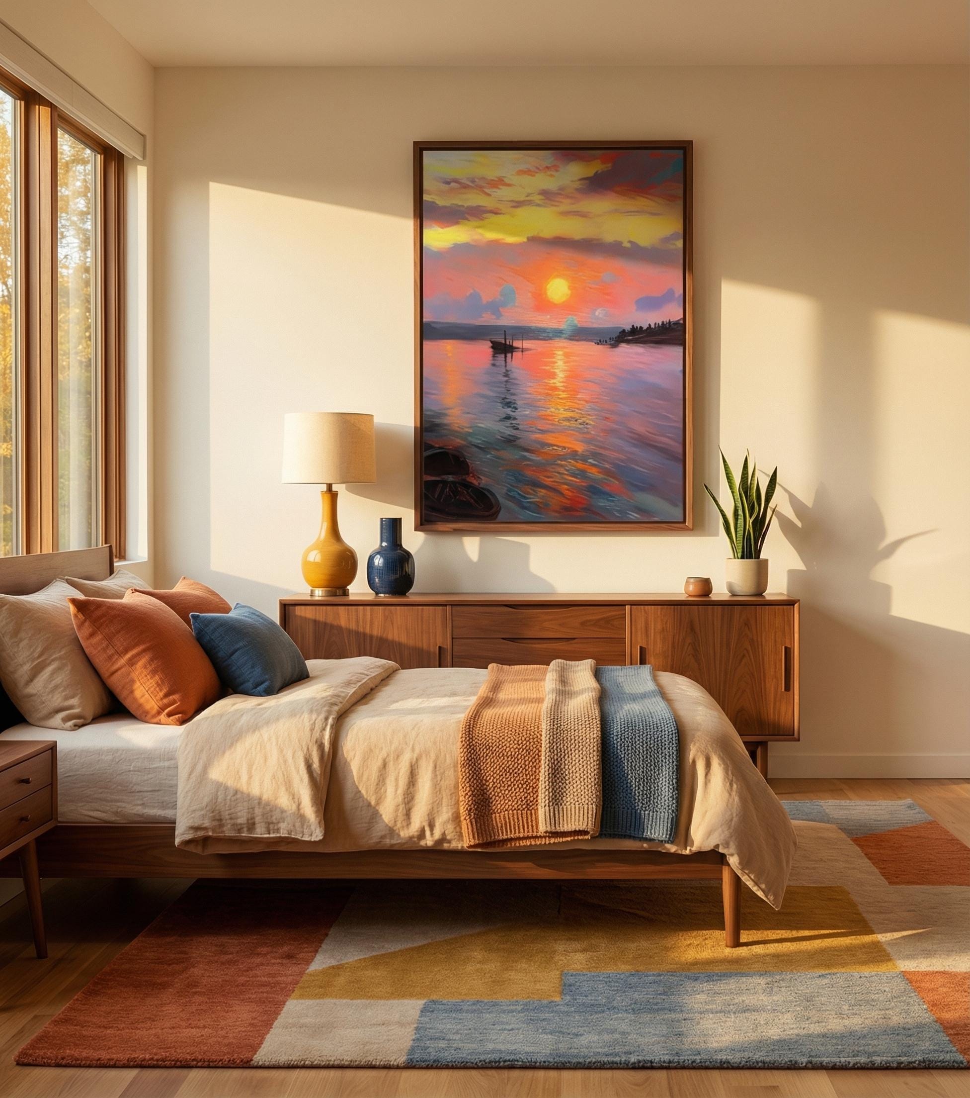 Impressionist Sunset Canvas, Minimalist Lake View (Multiple Sizes)