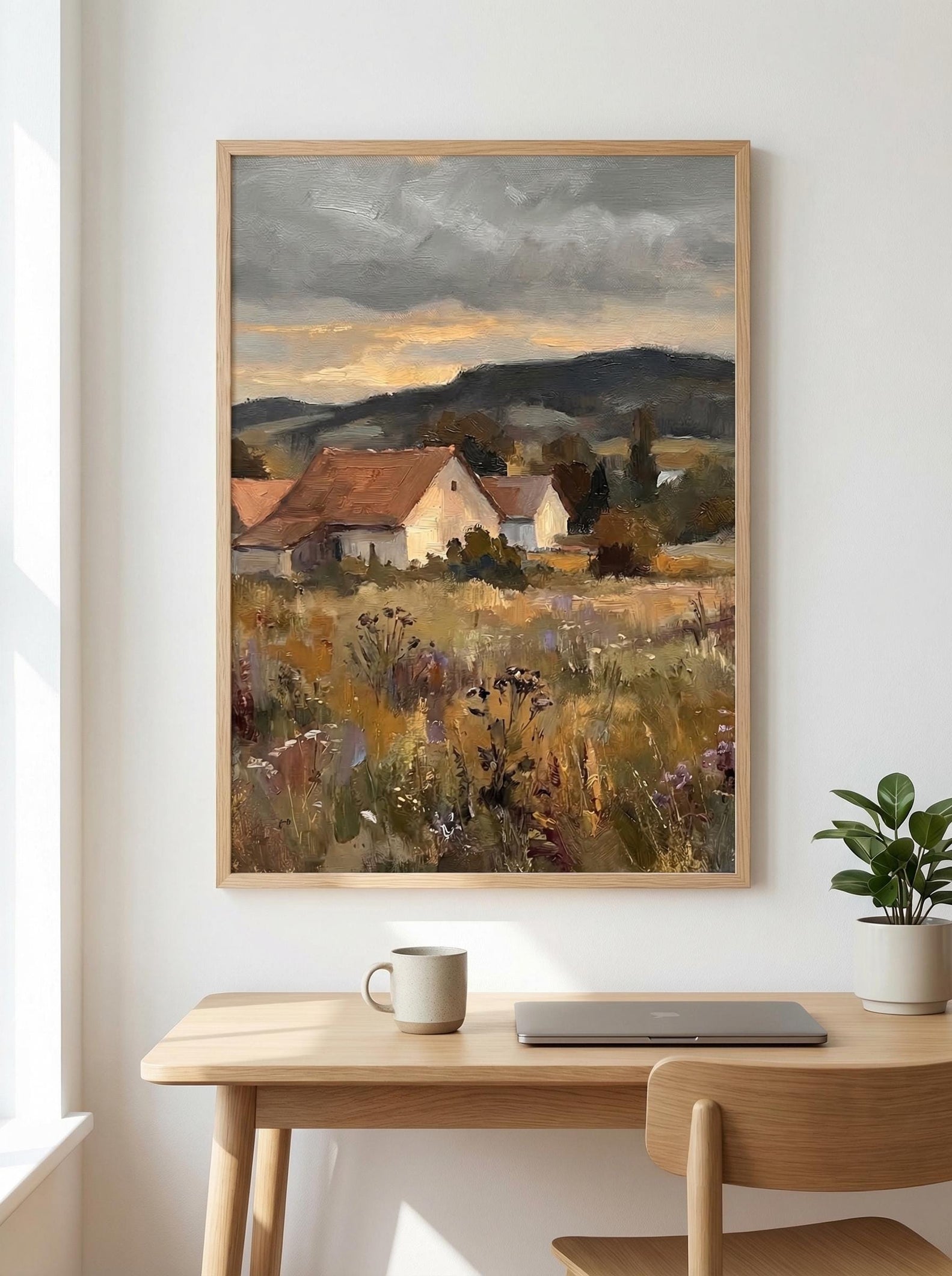 Vintage Farmhouse Landscape Painting, Moody Countryside Meadow Art, Rustic Cottagecore Wall Decor