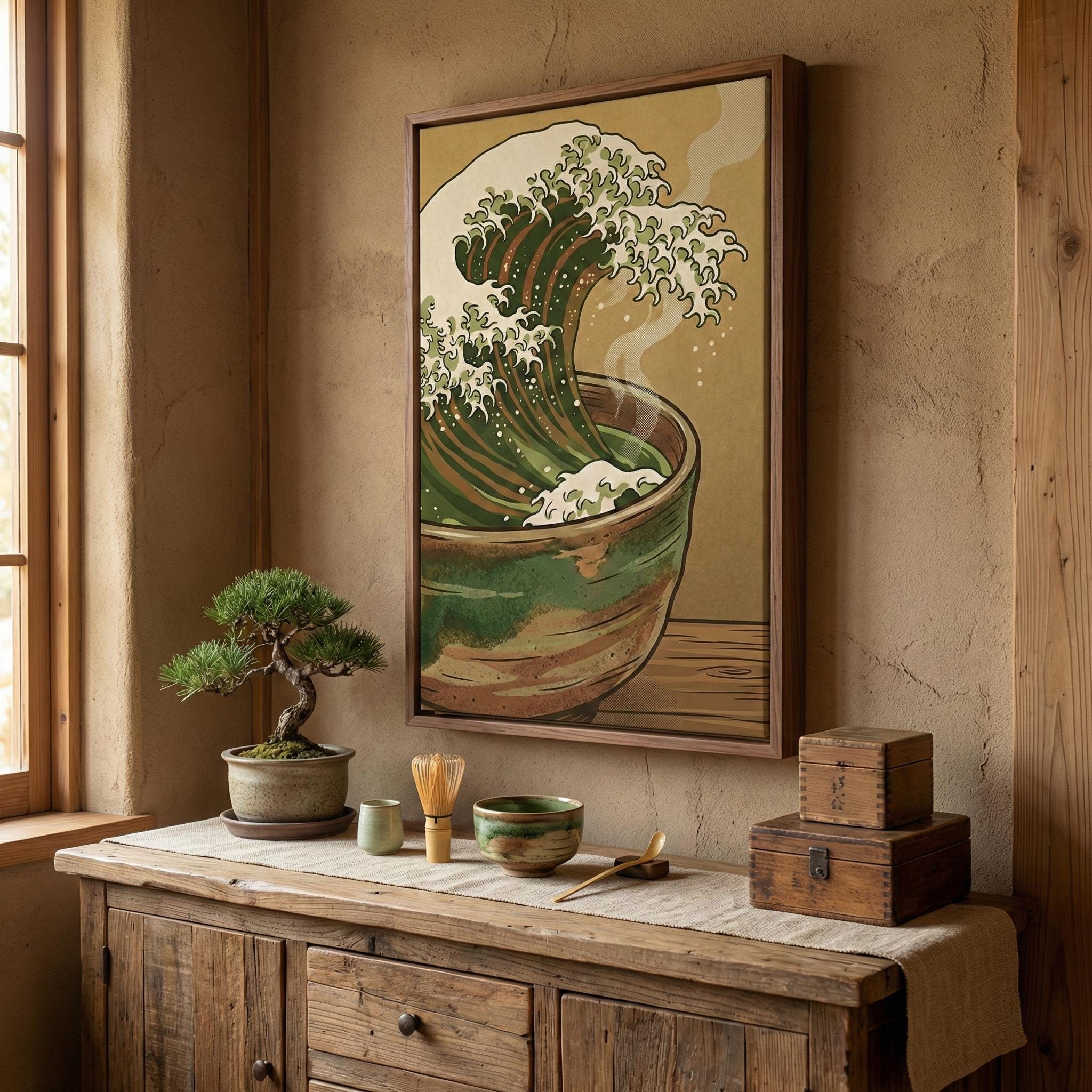Great Wave Tea Cup Art - Surreal Matcha Print in Sea Foam Green