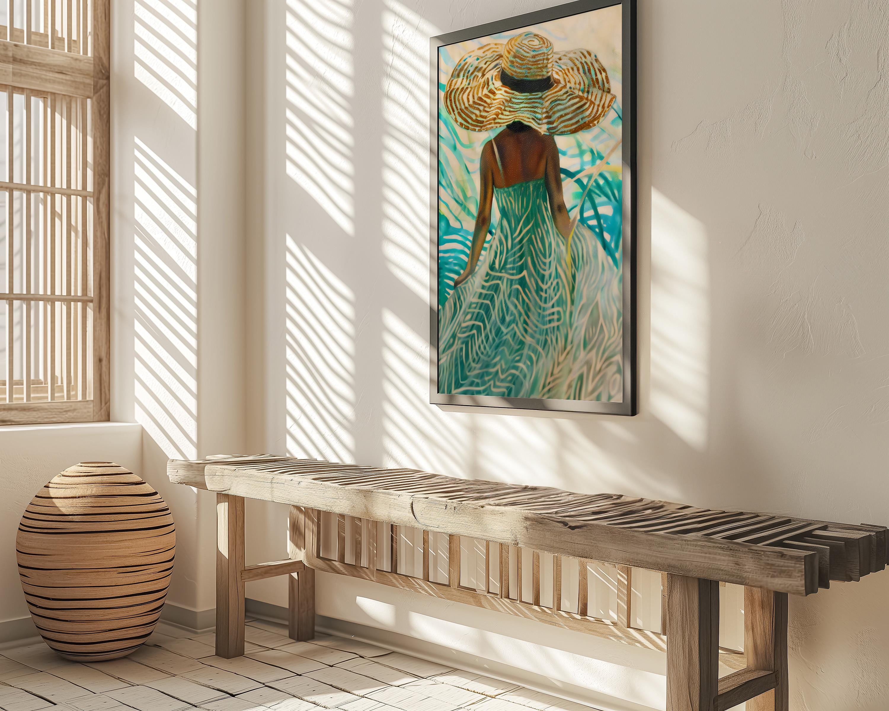 The Dreamer's Path: Surreal Woman in Hat in a Swirling Tropical Landscape | Vibrant & Abstract Wall Art