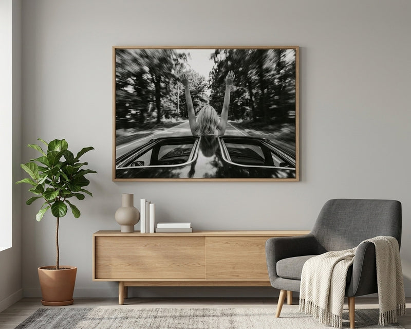 Freedom Road Trip Art Print, Black & White Joyful Woman Car Convertible Photography, Open Road Travel Wall Decor, Aesthetic Boho Living Room