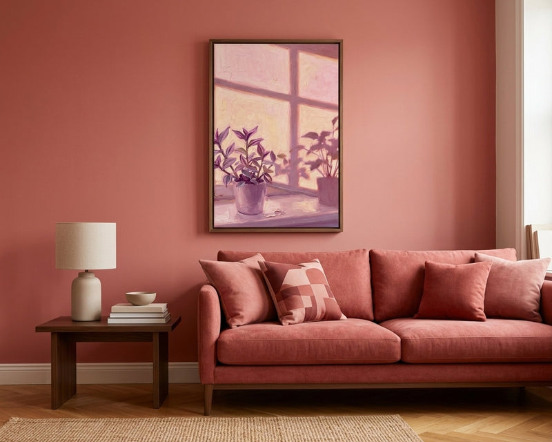 Golden Hour Window View Art, Serene Pink Sunset Potted Plants Print, Dreamy Lavender Succulent Wall Decor, Cozy Impressionist Art
