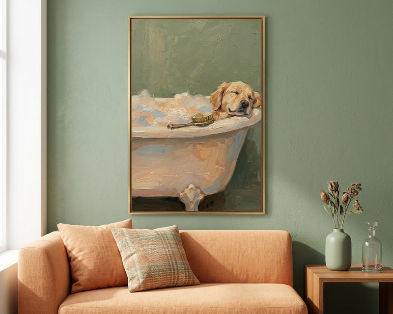 Golden Retriever Bubble Bath Art Print, Relaxing Dog in Tub Painting, Happy Pet Wall Art, Cozy Bathroom Decor, Impressionist Dog Lover Gift
