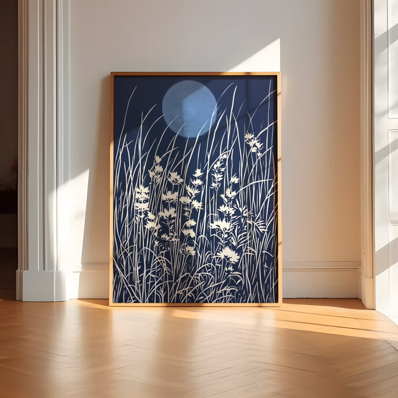 Persian Blue Linocut Print – Minimalist Wildflower Wall Art | Serene Botanical Design