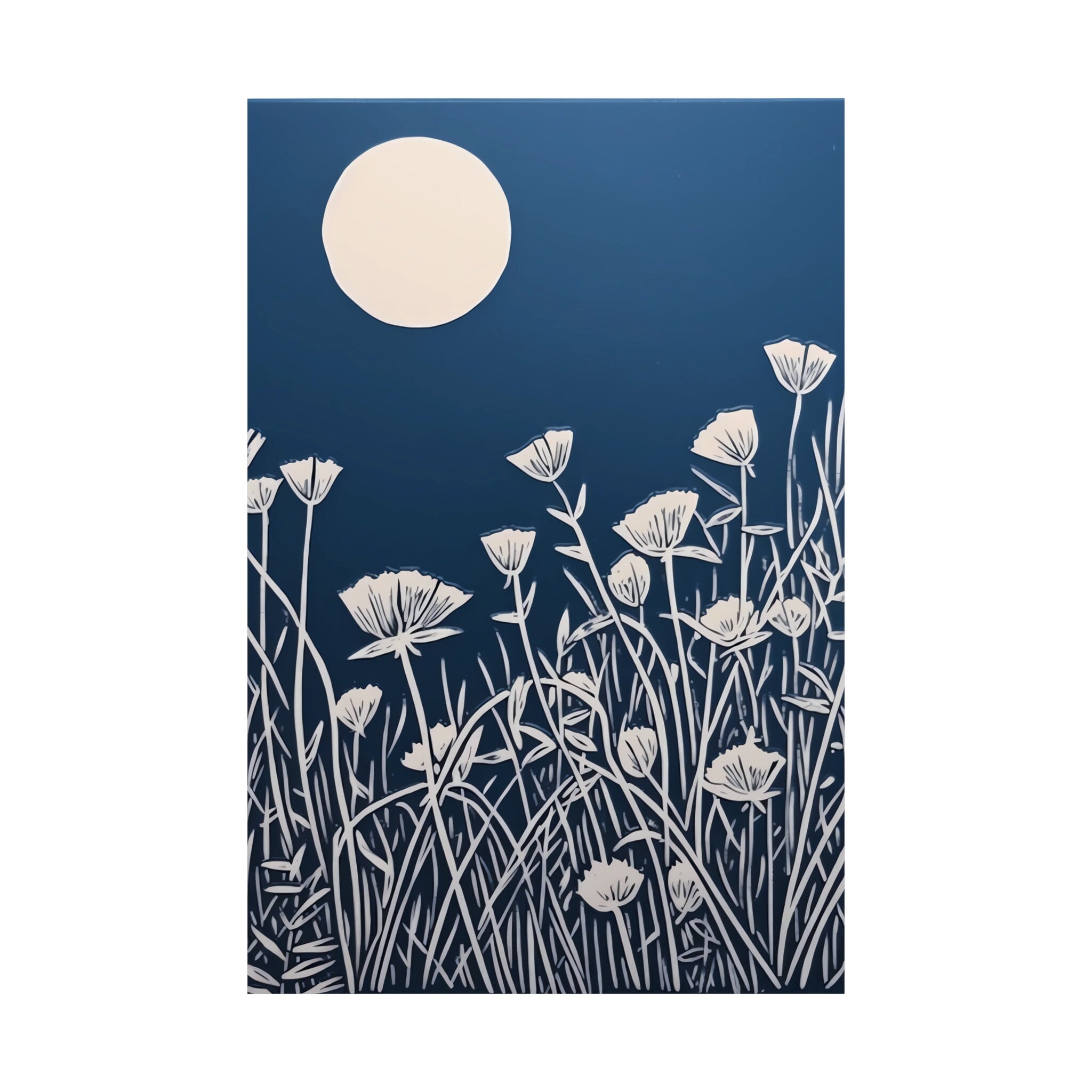 The Midnight Garden: Persian Blue Wildflower Linocut Print | Minimalist & Serene Botanical Art