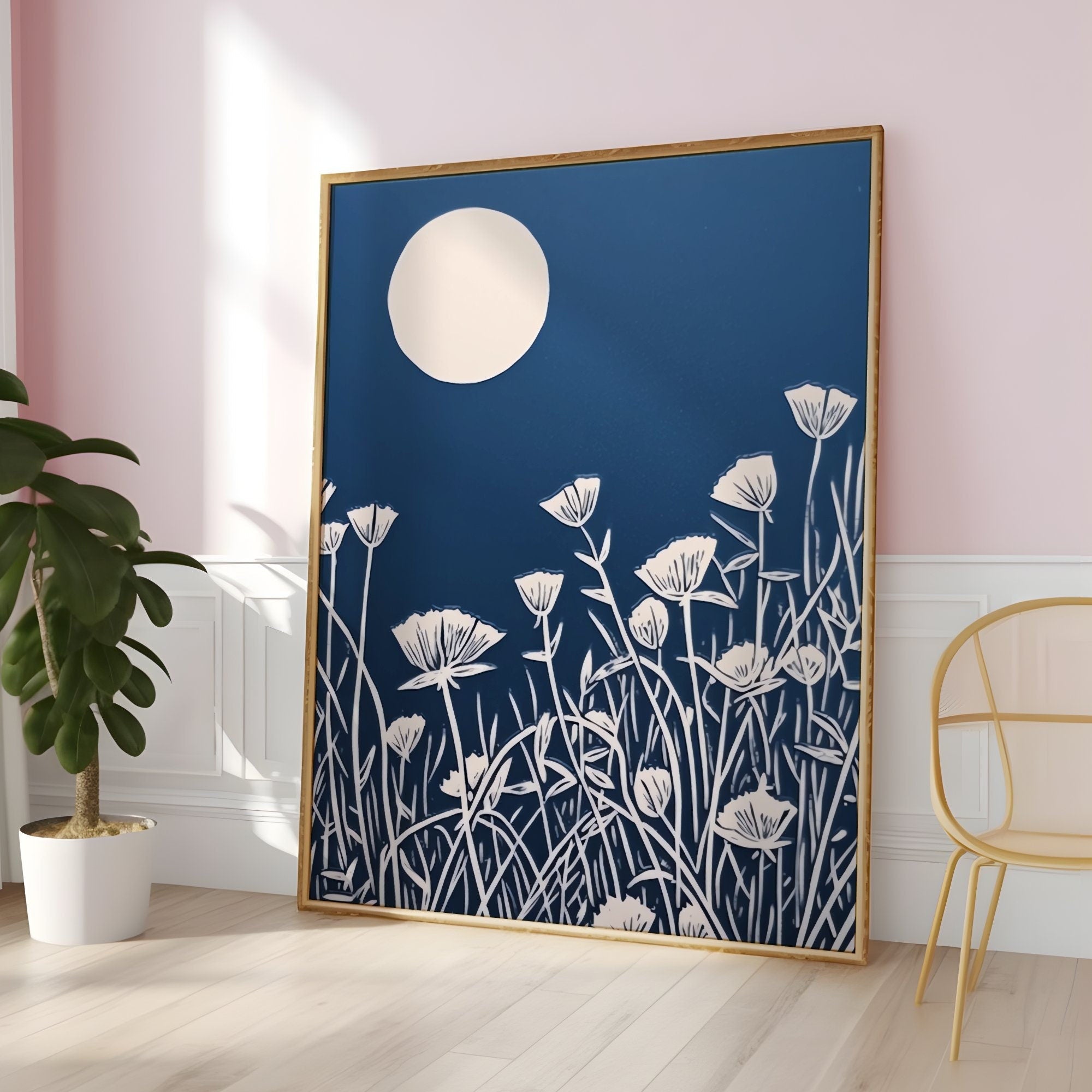 The Midnight Garden: Persian Blue Wildflower Linocut Print | Minimalist & Serene Botanical Art