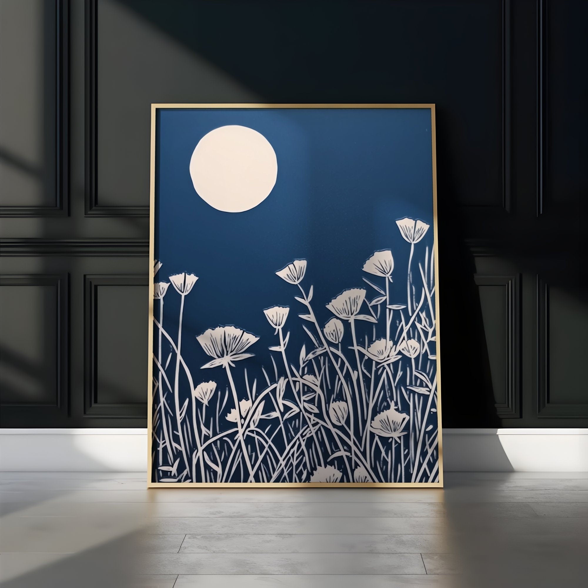 The Midnight Garden: Persian Blue Wildflower Linocut Print | Minimalist & Serene Botanical Art
