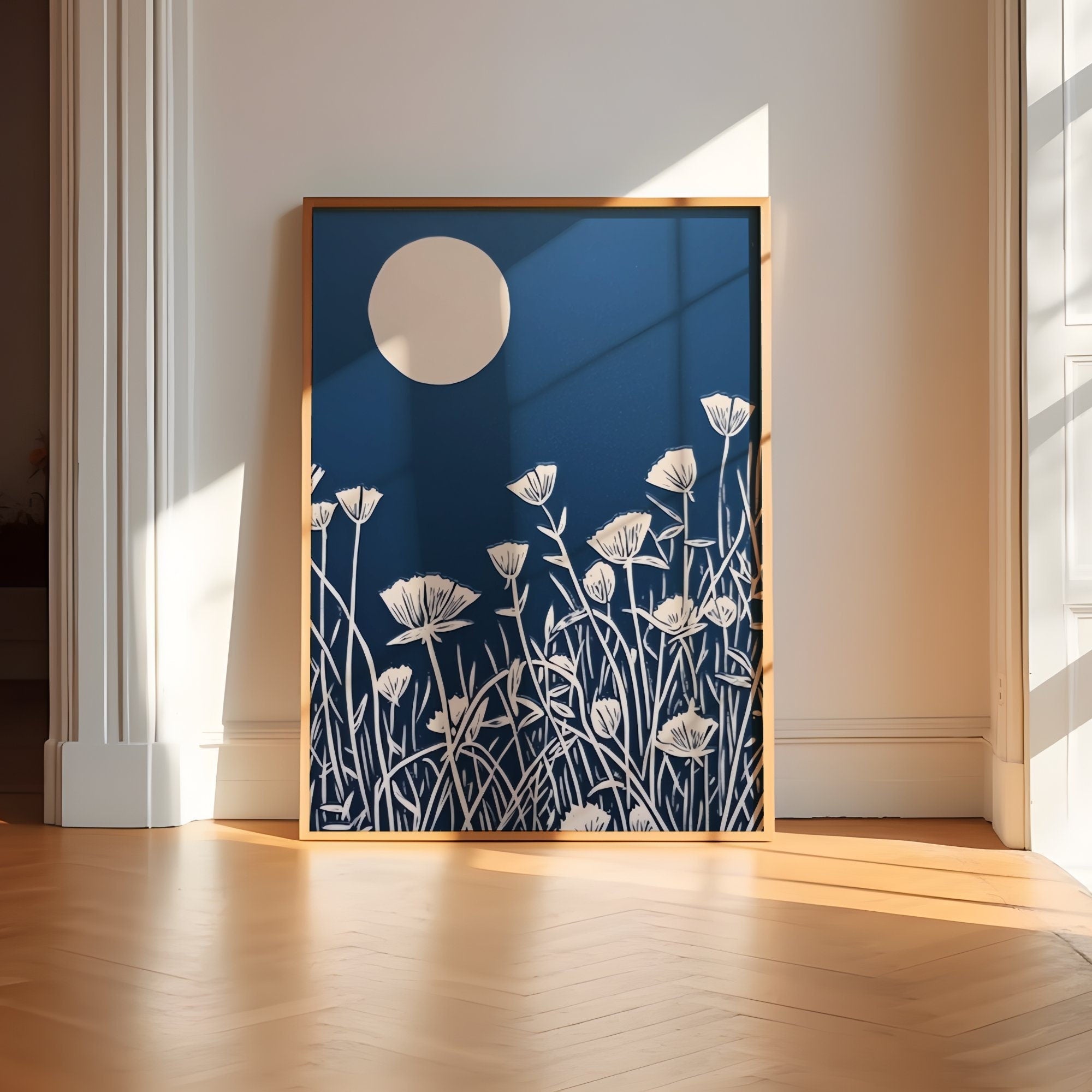 The Midnight Garden: Persian Blue Wildflower Linocut Print | Minimalist & Serene Botanical Art