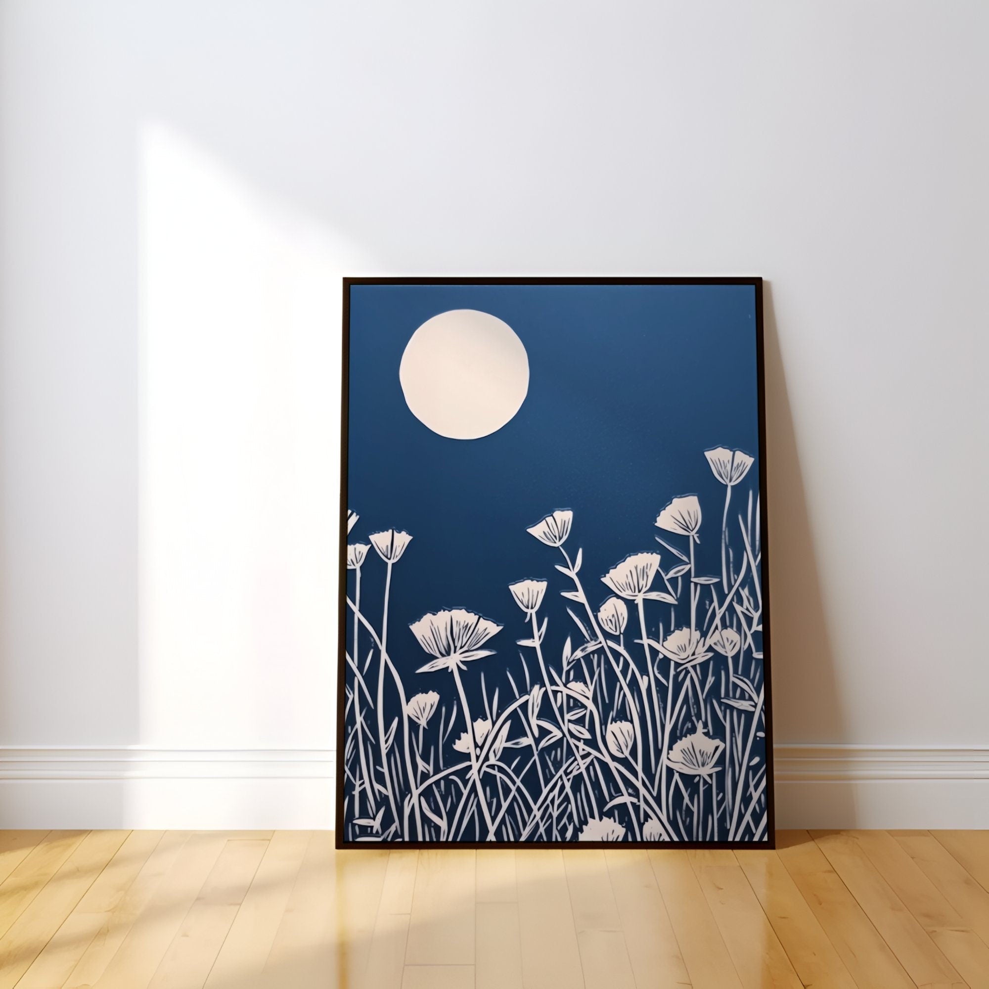 The Midnight Garden: Persian Blue Wildflower Linocut Print | Minimalist & Serene Botanical Art