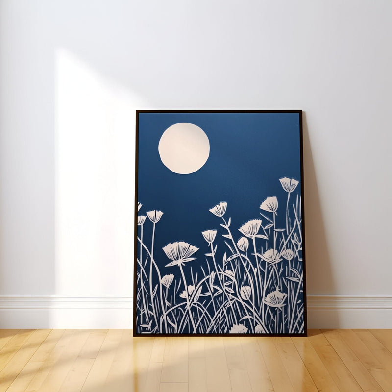 Persian Blue Linocut Print – Minimalist Wall Art | Serene Botanical Wildflower Decor
