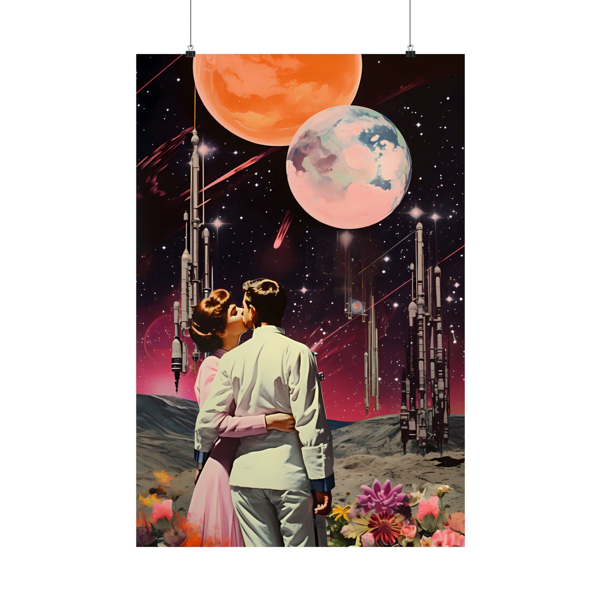 Stellar Embrace: 'A Cosmic Kiss' under a Starry Sky in Vintage Retro Futuristic Art, Modern Art, Retro Art, Wall Art, Cosmic Art, Sci Fi Art