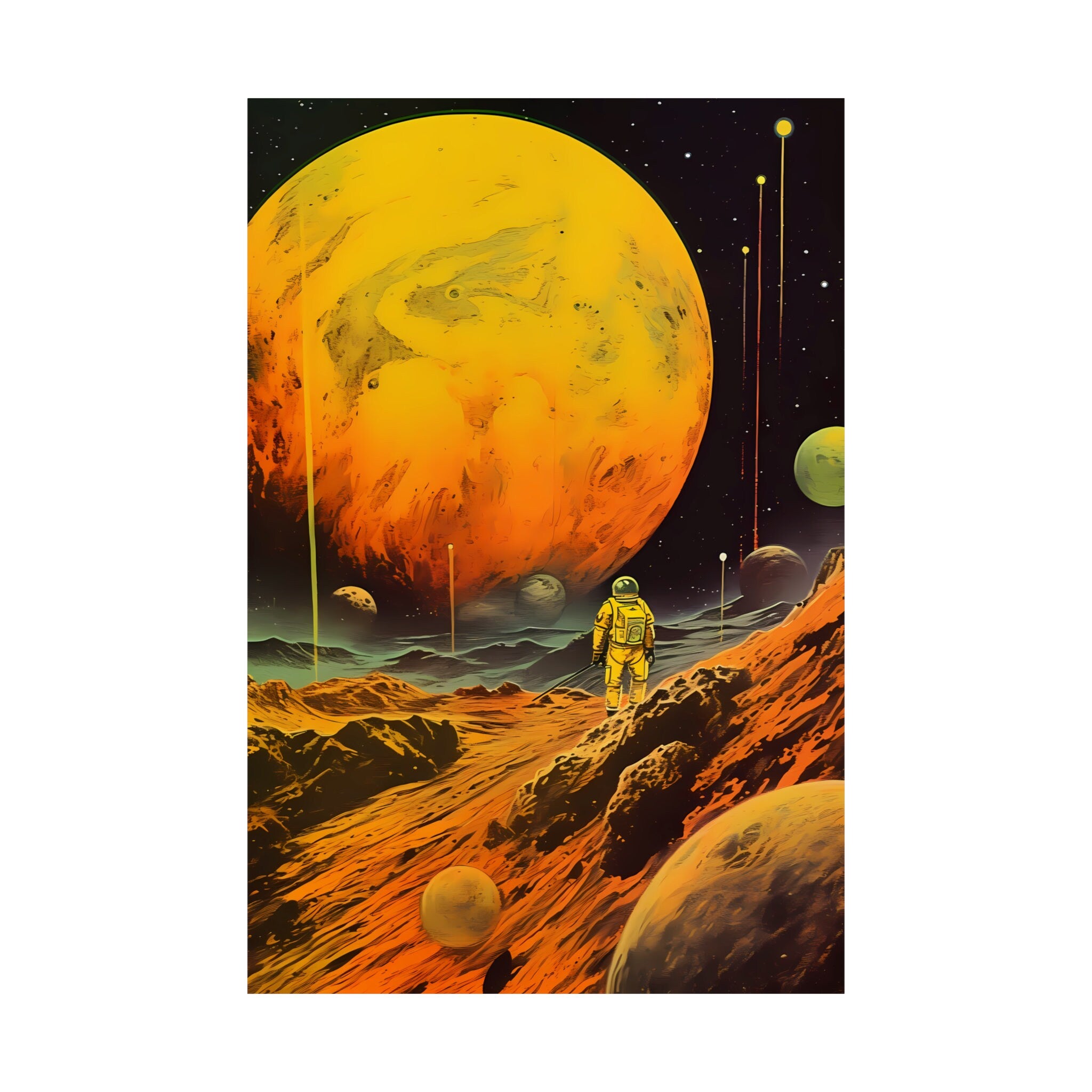 Golden Odyssey: 'Yellow Planet' - A Retro Futuristic Space Adventure with Vintage Astronaut, Modern Art, Retro Art, Wall Art, Cosmic Art