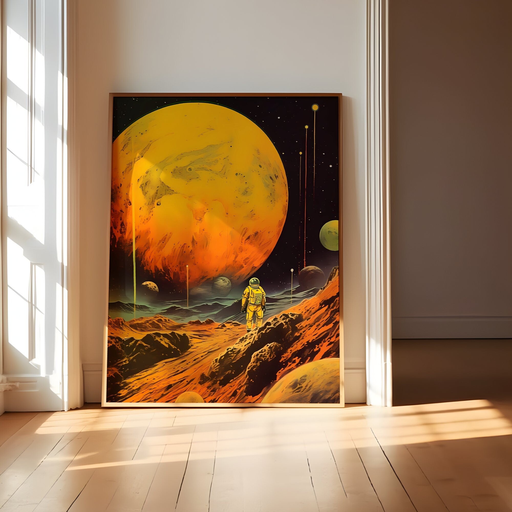 Golden Odyssey: 'Yellow Planet' - A Retro Futuristic Space Adventure with Vintage Astronaut, Modern Art, Retro Art, Wall Art, Cosmic Art