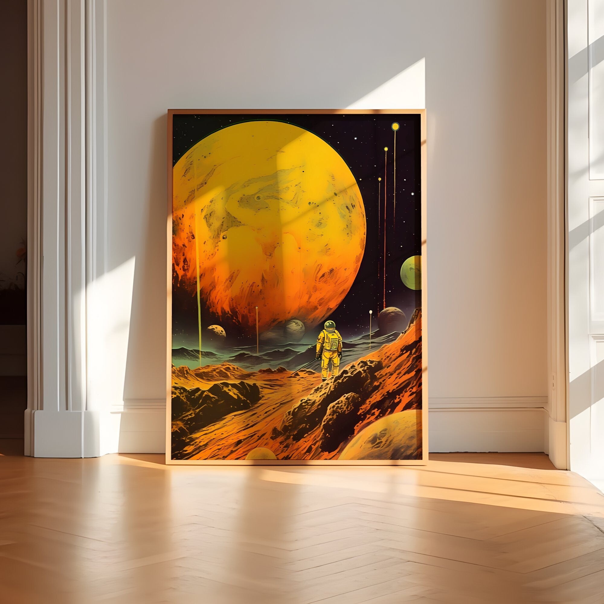 Golden Odyssey: 'Yellow Planet' - A Retro Futuristic Space Adventure with Vintage Astronaut, Modern Art, Retro Art, Wall Art, Cosmic Art