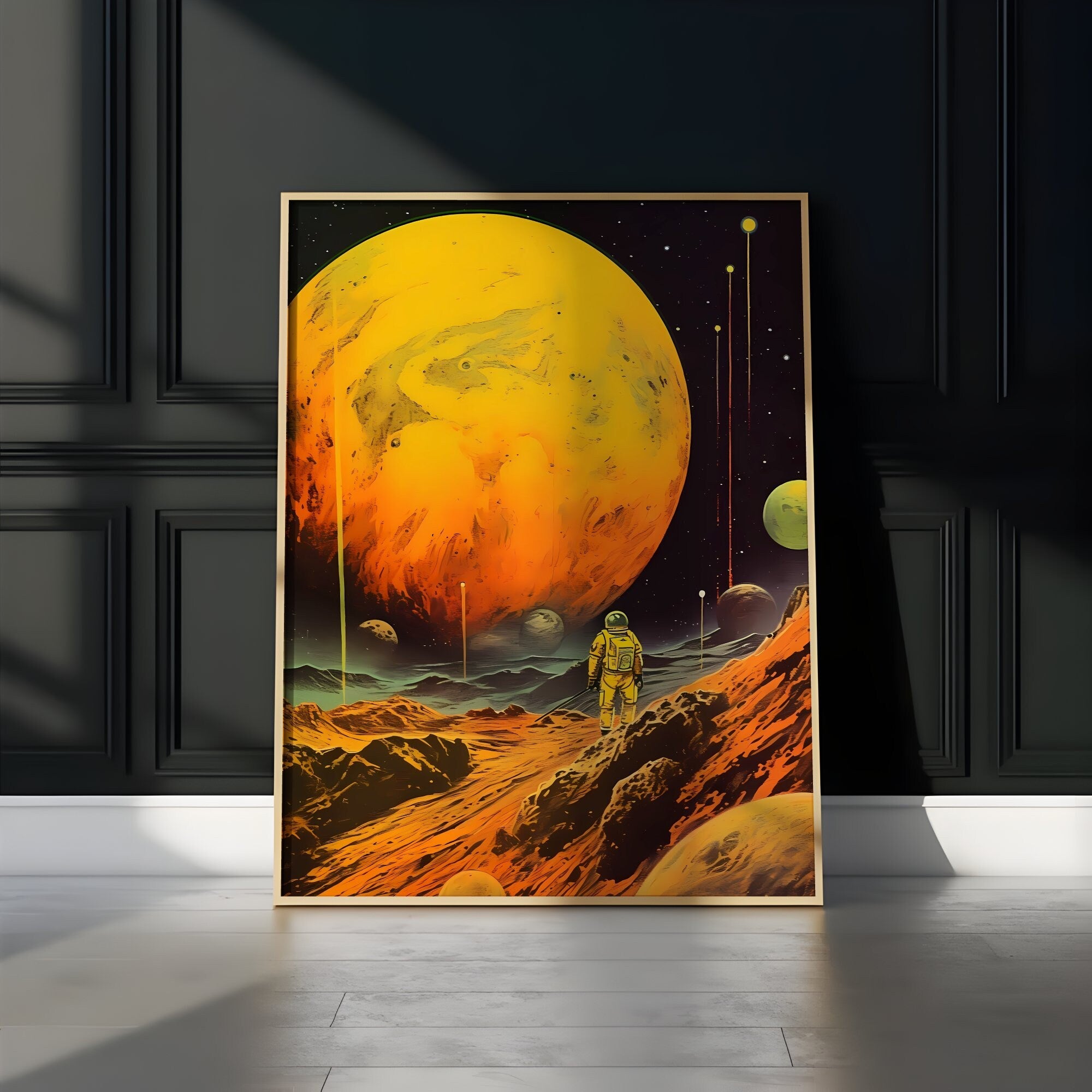 Golden Odyssey: 'Yellow Planet' - A Retro Futuristic Space Adventure with Vintage Astronaut, Modern Art, Retro Art, Wall Art, Cosmic Art