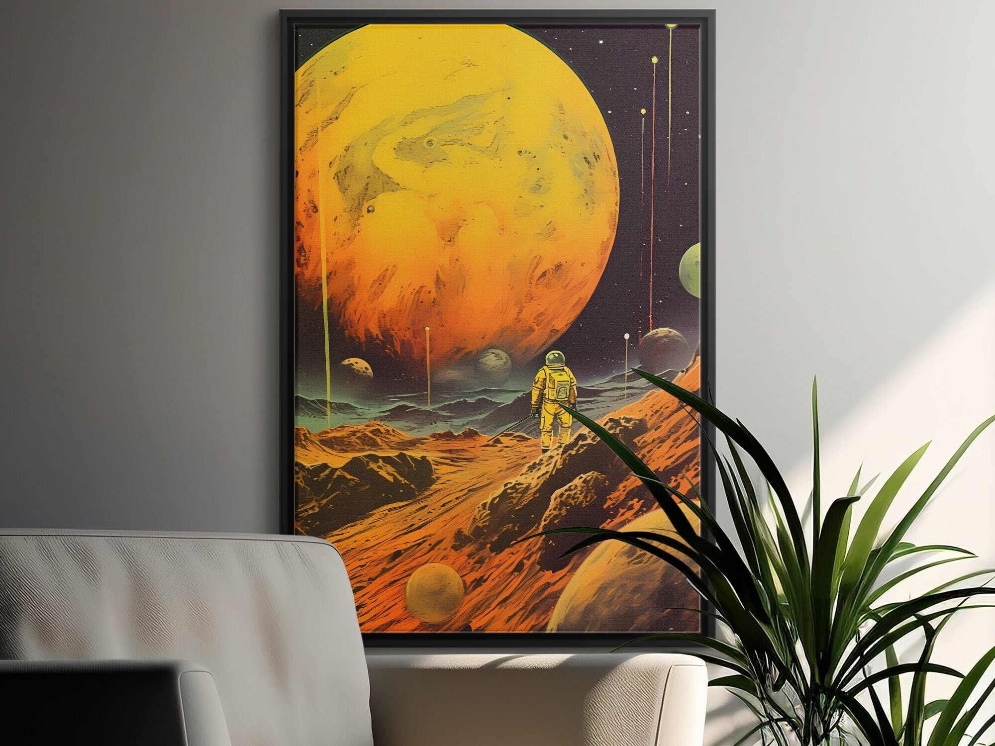 Golden Odyssey: 'Yellow Planet' - A Retro Futuristic Space Adventure with Vintage Astronaut, Modern Art, Retro Art, Wall Art, Cosmic Art